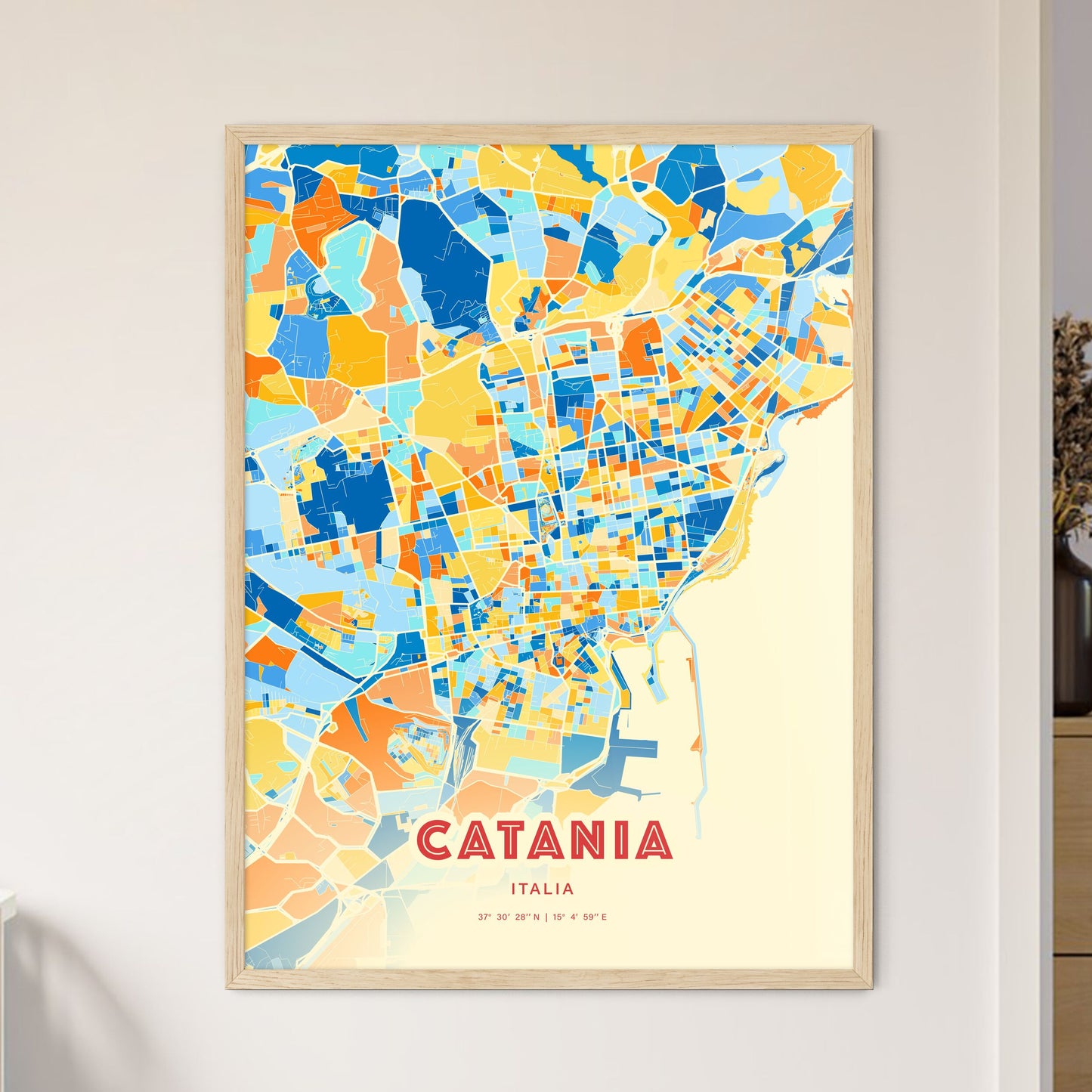 Colorful Catania Italy Fine Art Map Blue Orange