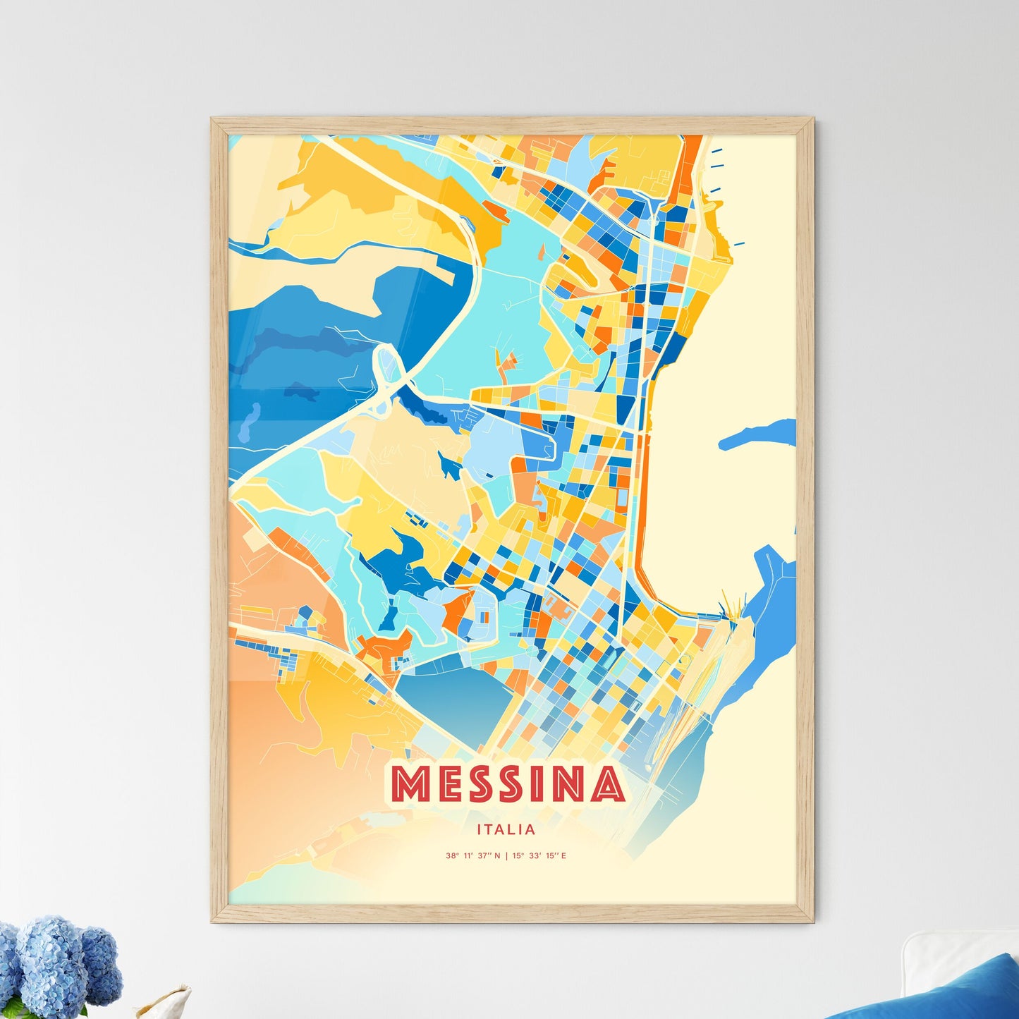 Colorful Messina Italy Fine Art Map Blue Orange
