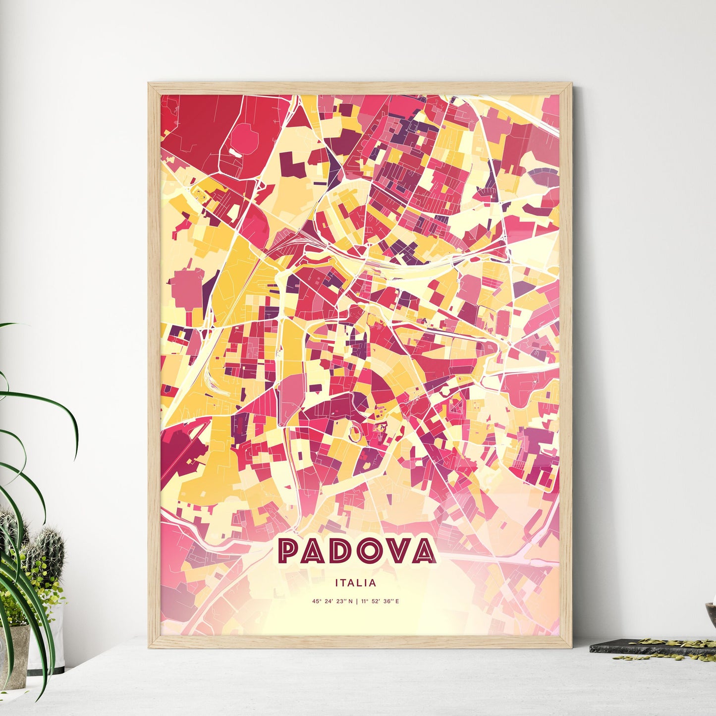 Colorful PADUA ITALY Fine Art Map Hot Red