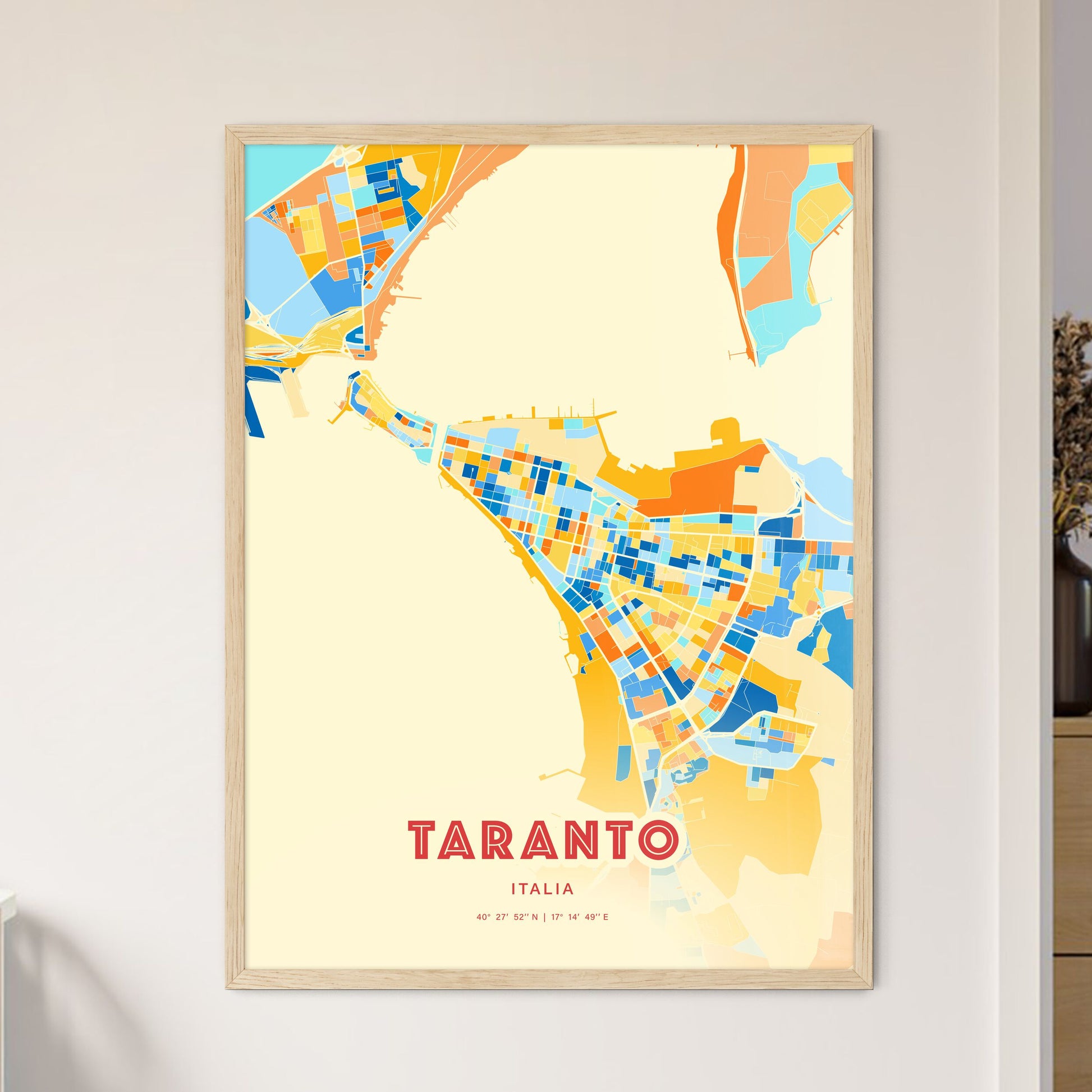 Colorful Taranto Italy Fine Art Map Blue Orange