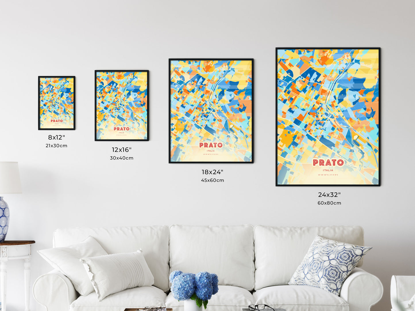 Colorful PRATO ITALY Fine Art Map Blue Orange