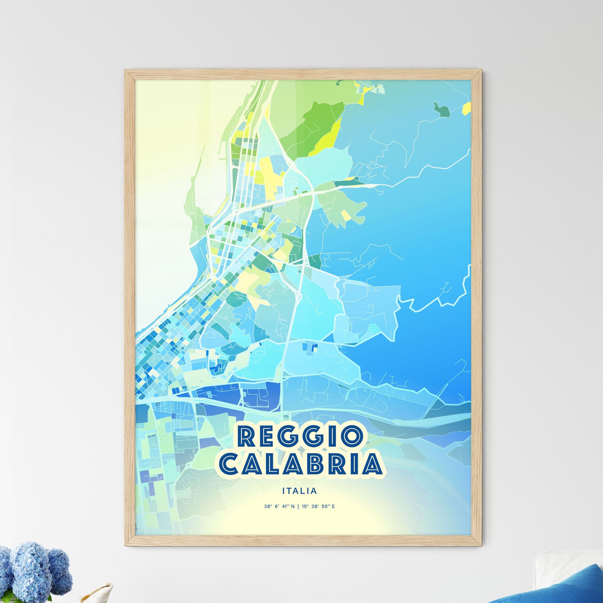 Colorful REGGIO CALABRIA ITALY Fine Art Map Cool Blue