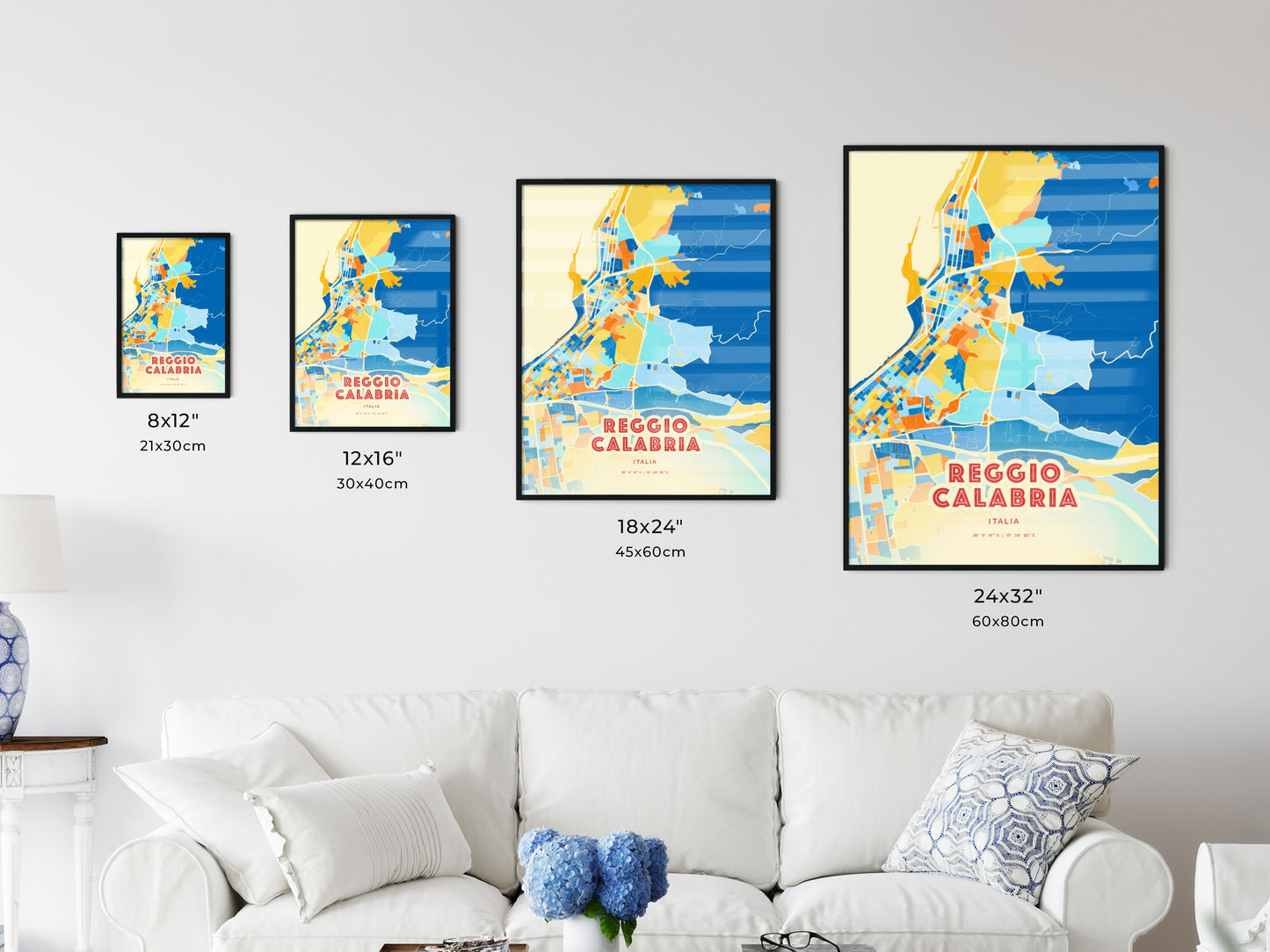 Colorful REGGIO CALABRIA ITALY Fine Art Map Blue Orange