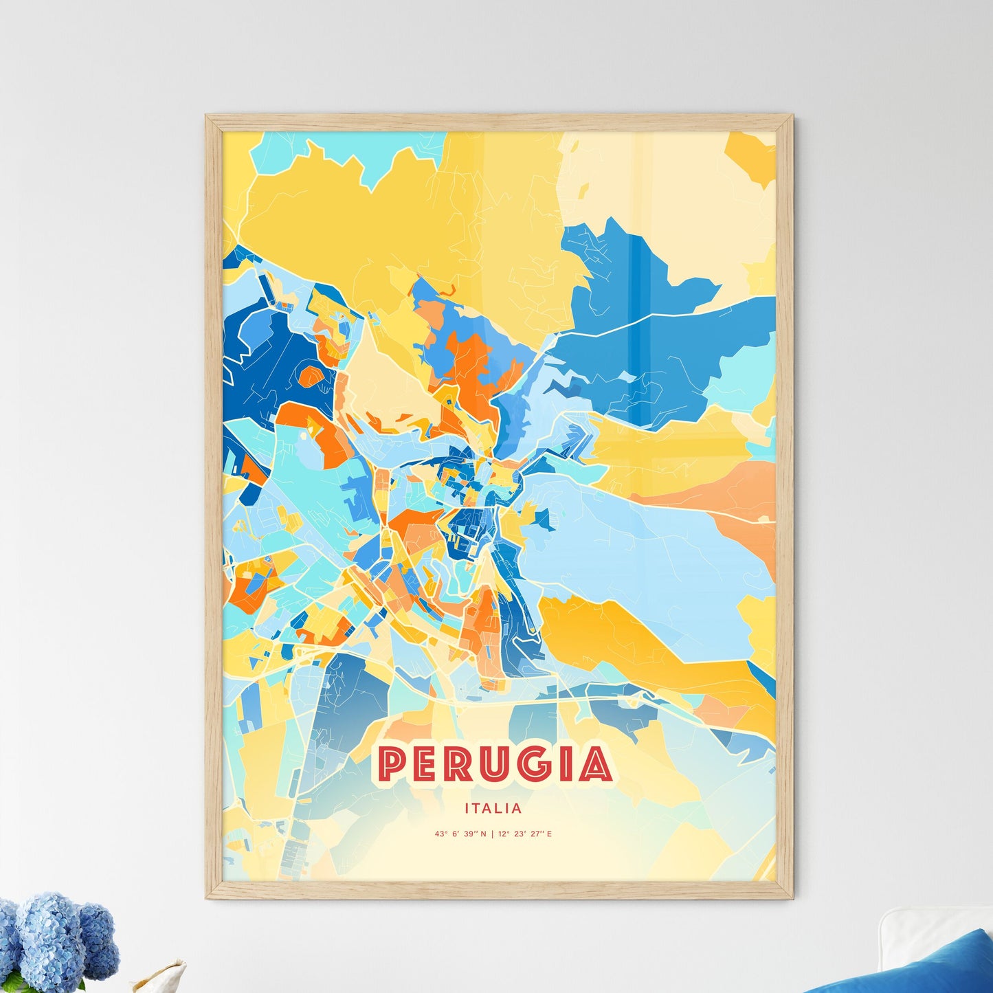 Colorful Perugia Italy Fine Art Map Blue Orange