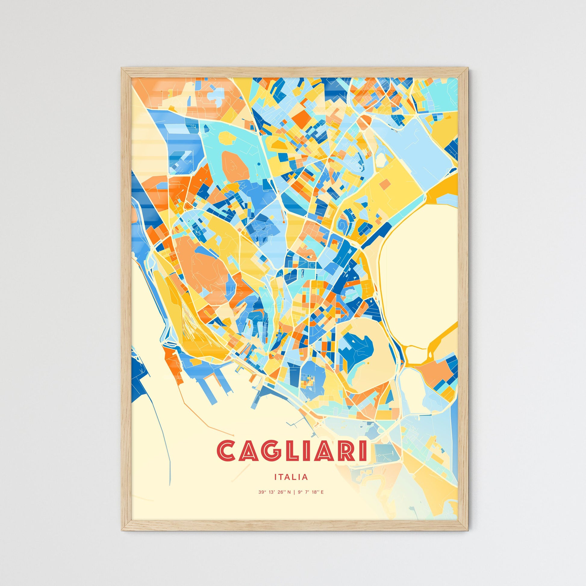 Colorful Cagliari Italy Fine Art Map Blue Orange
