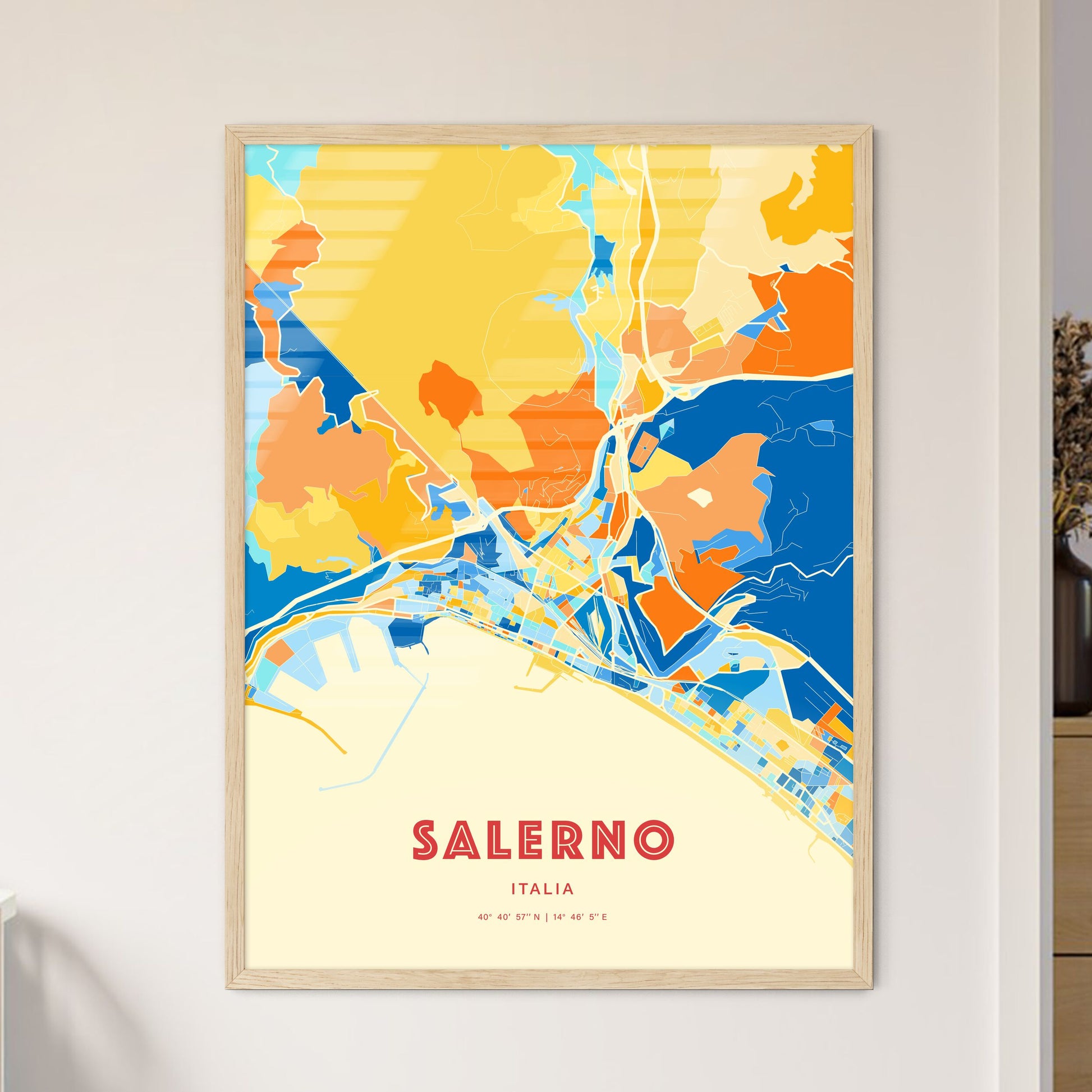 Colorful Salerno Italy Fine Art Map Blue Orange