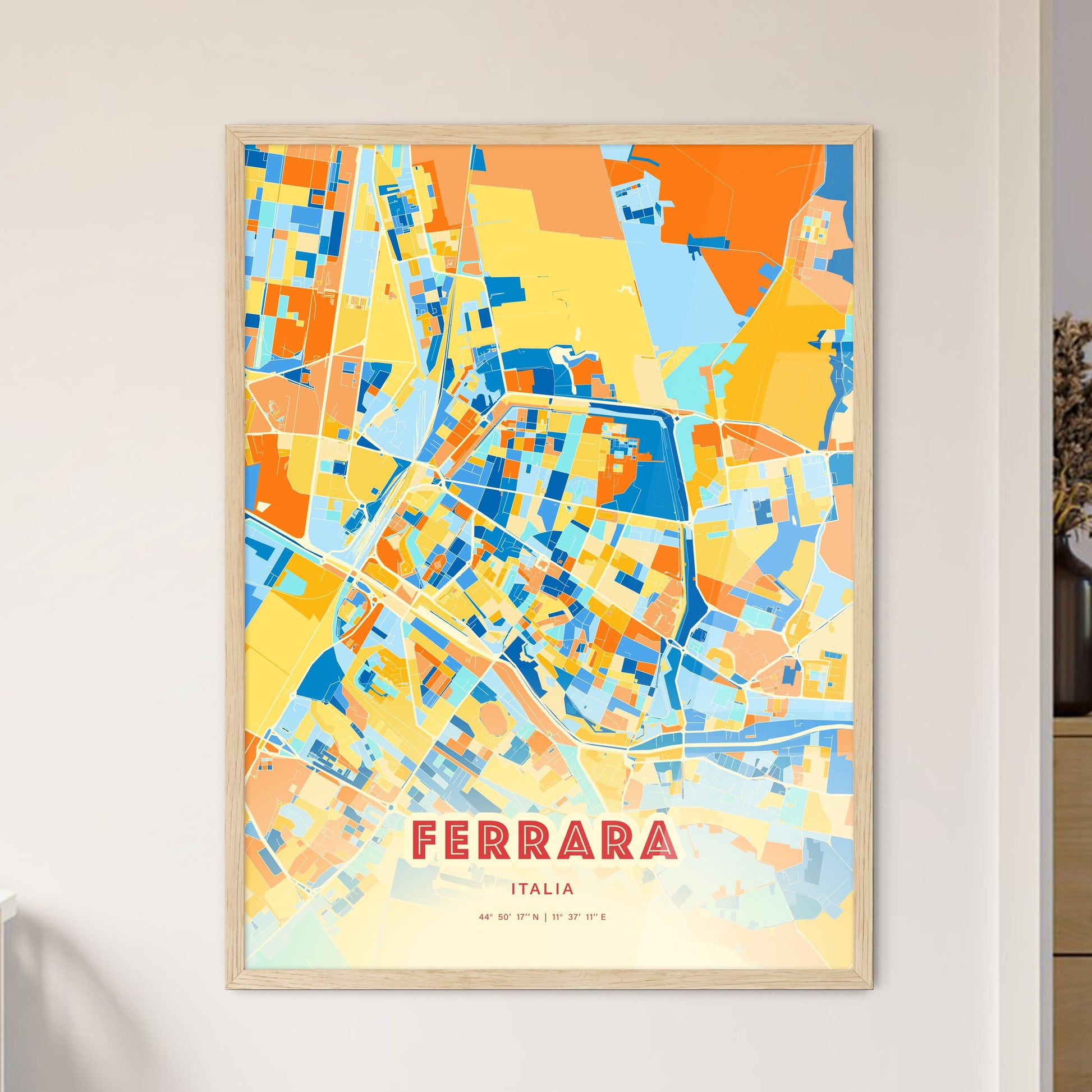 Colorful Ferrara Italy Fine Art Map Blue Orange