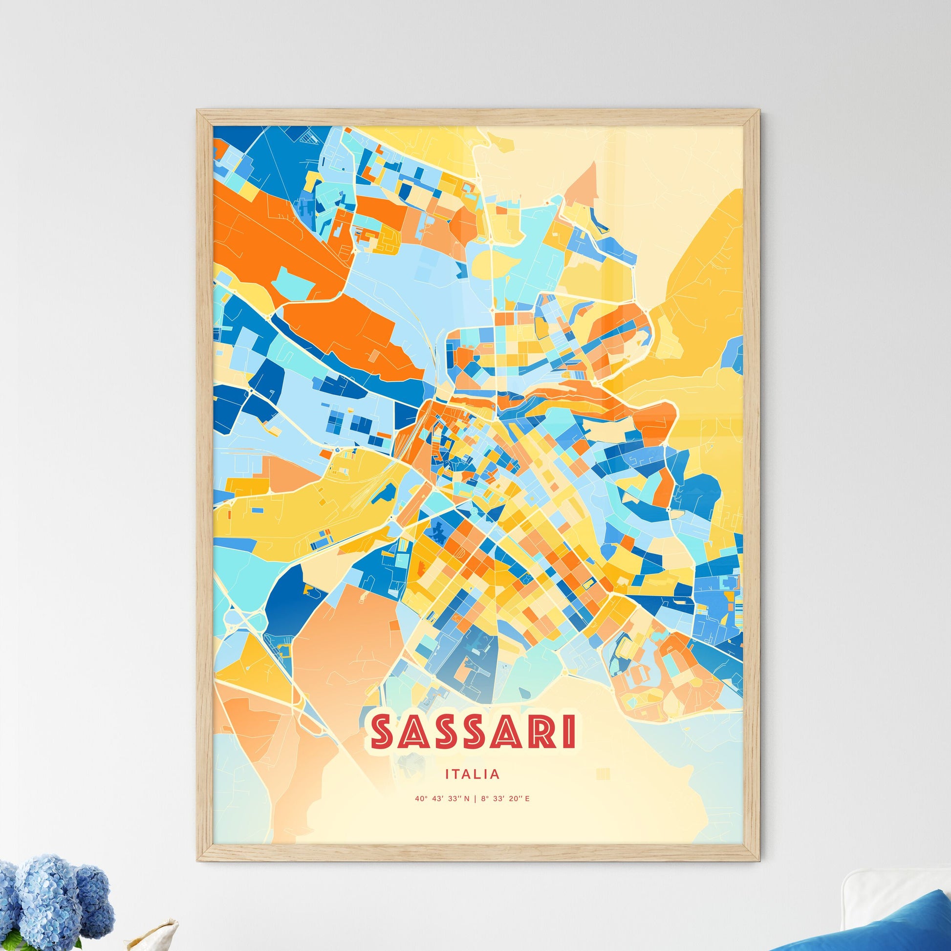 Colorful Sassari Italy Fine Art Map Blue Orange