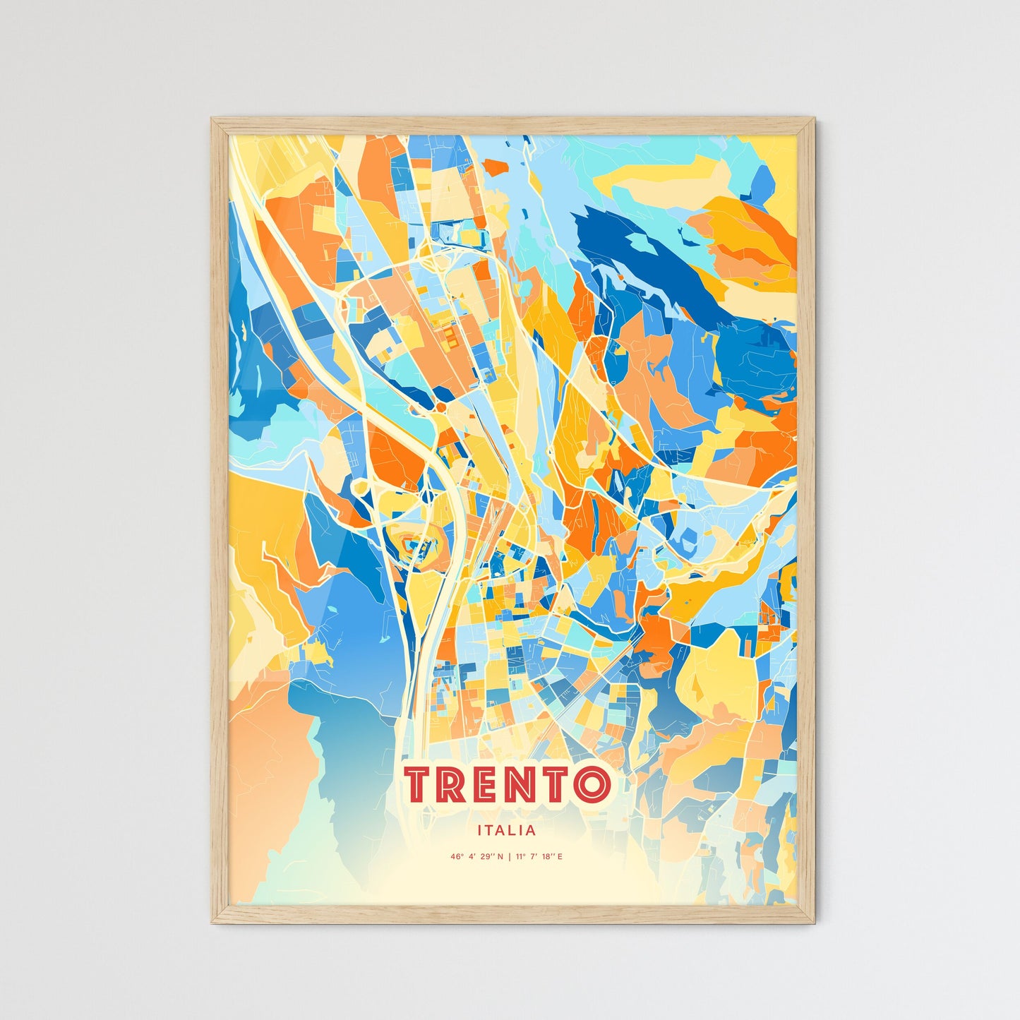 Colorful Trento Italy Fine Art Map Blue Orange