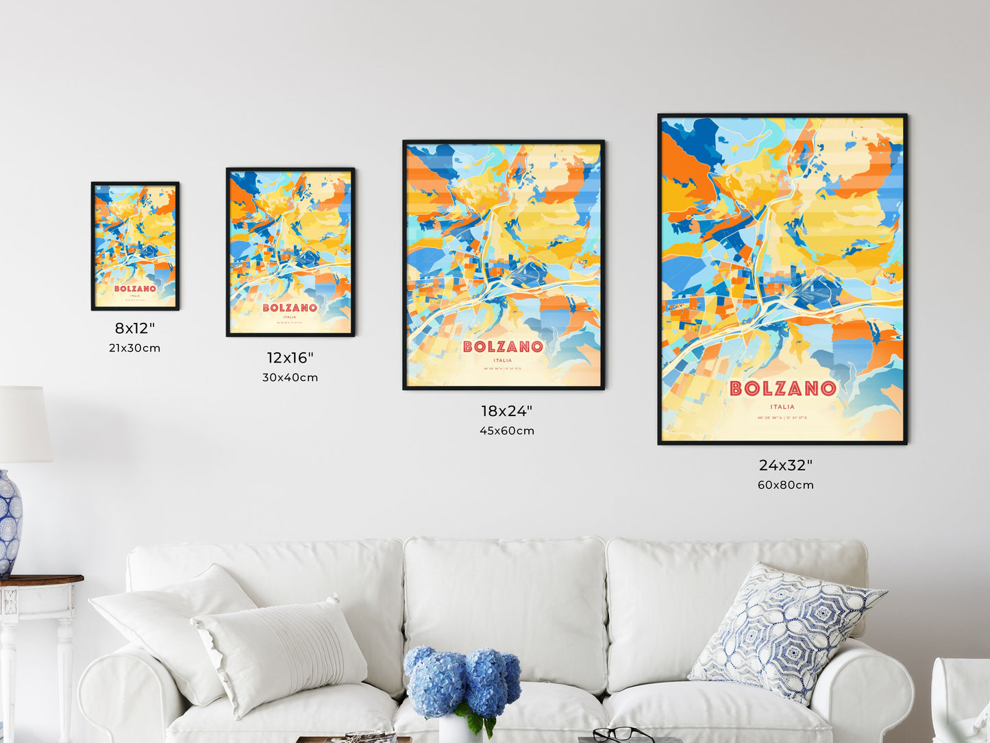 Colorful BOLZANO ITALY Fine Art Map Blue Orange