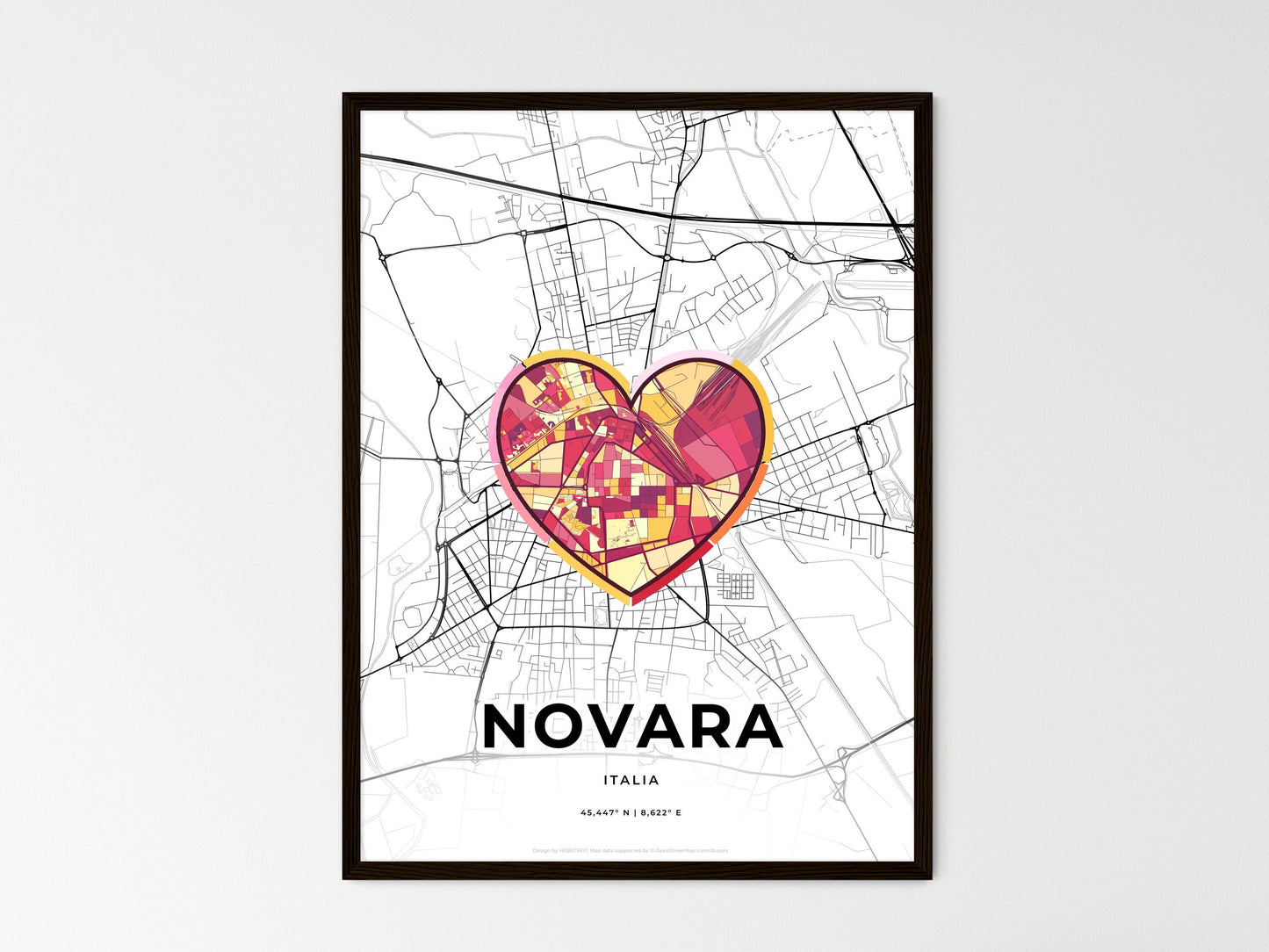 Novara Italy wedding art map with heart icon