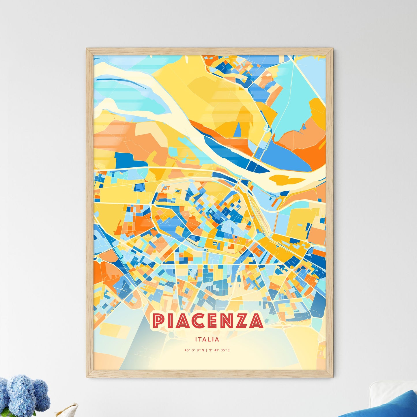 Colorful Piacenza Italy Fine Art Map Blue Orange