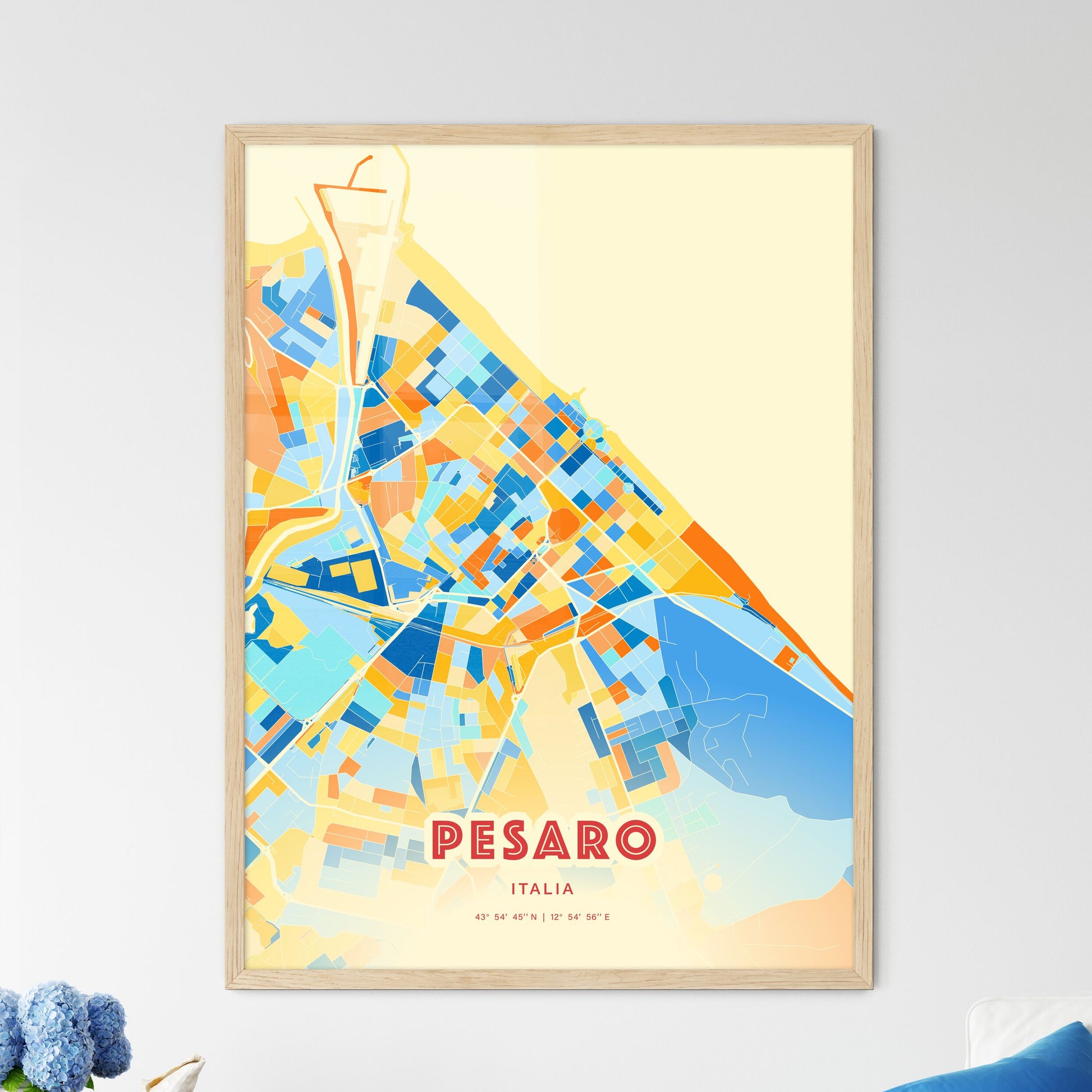 Colorful Pesaro Italy Fine Art Map Blue Orange