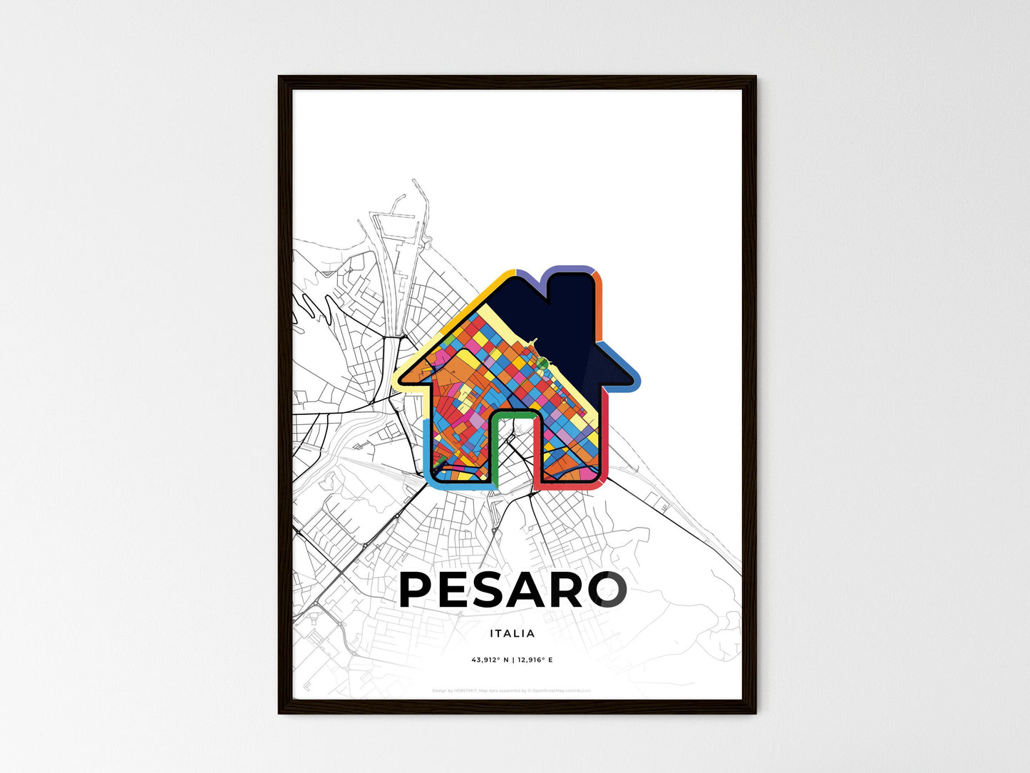 Pesaro Italy wedding art map with home icon