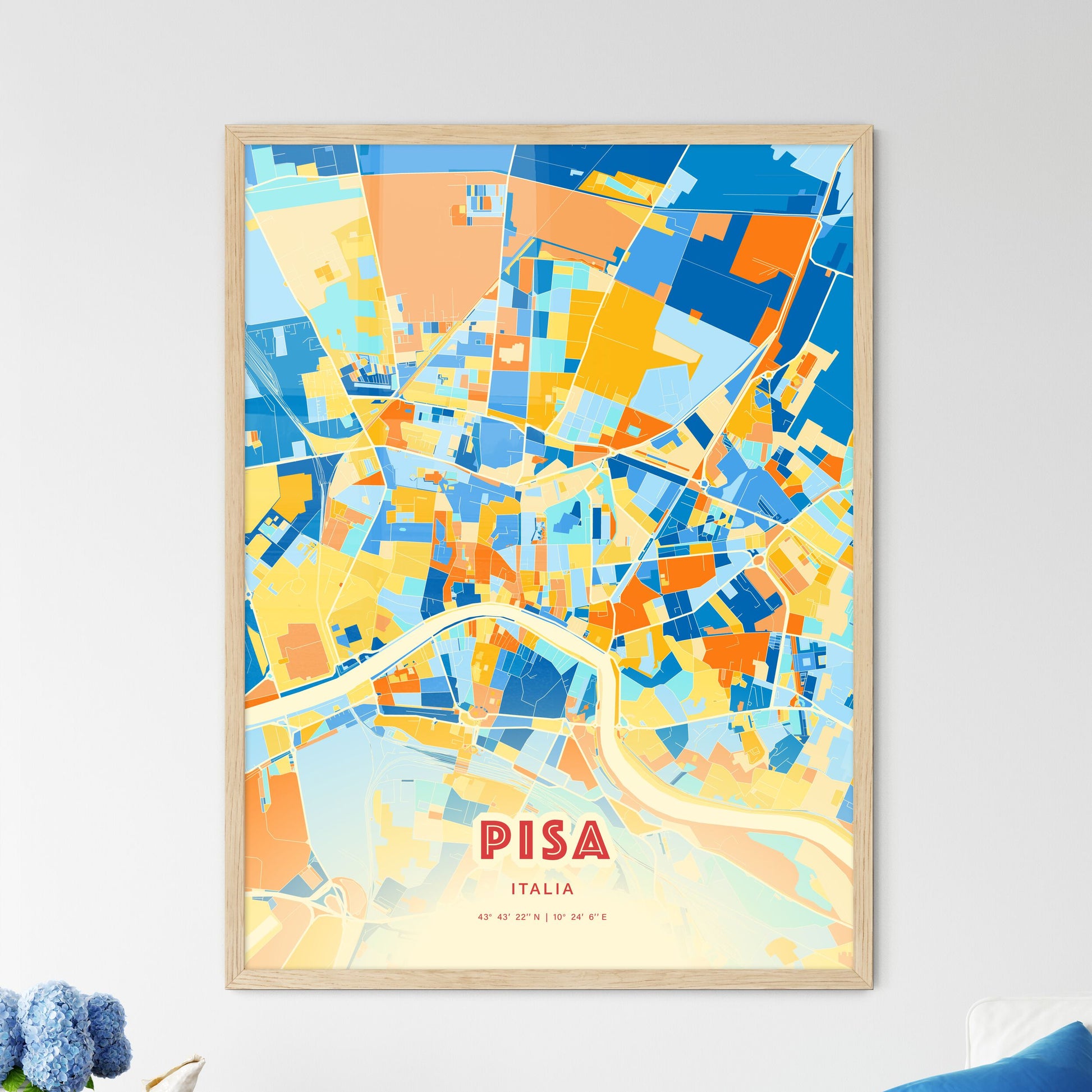 Colorful Pisa Italy Fine Art Map Blue Orange