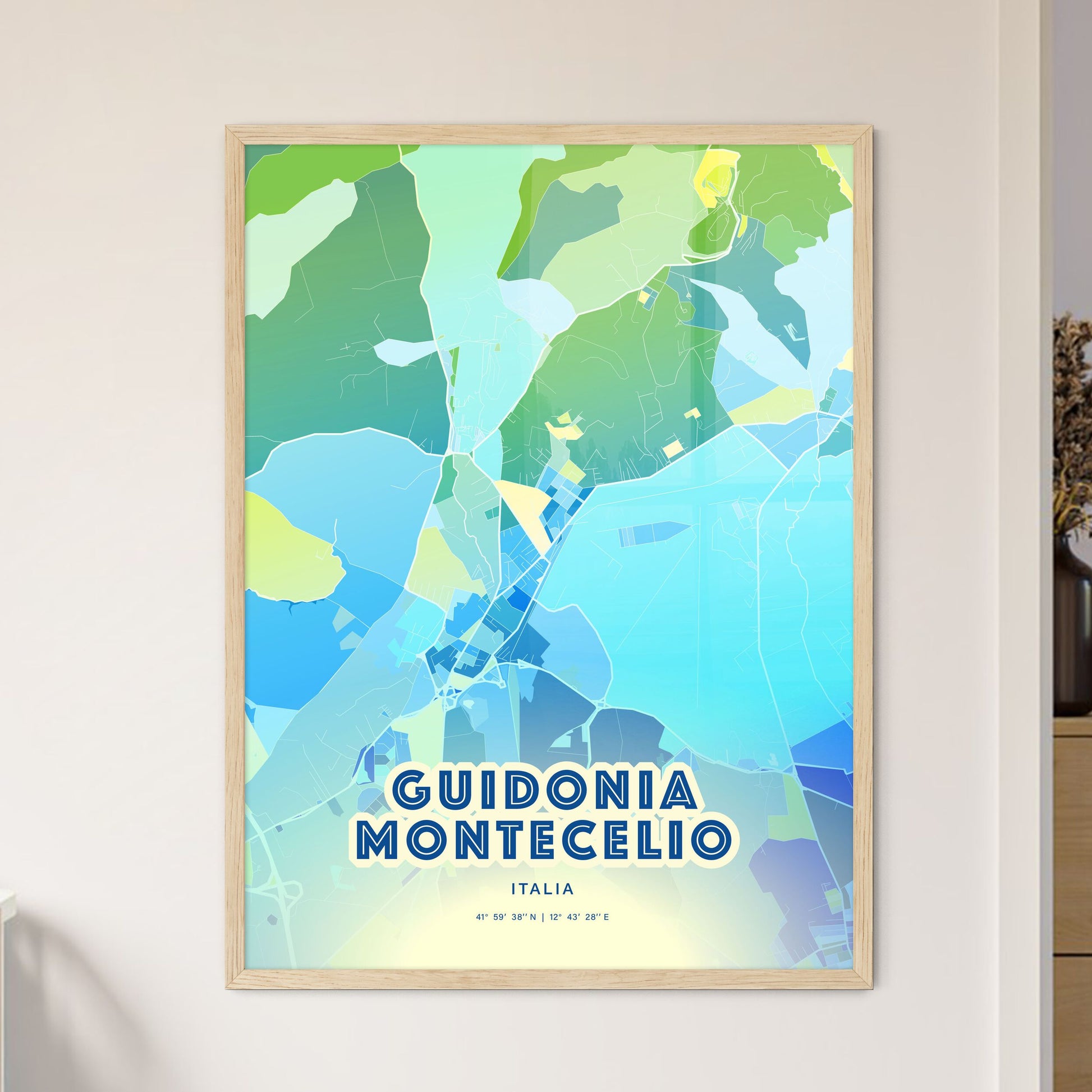 Colorful GUIDONIA MONTECELIO ITALY Fine Art Map Cool Blue