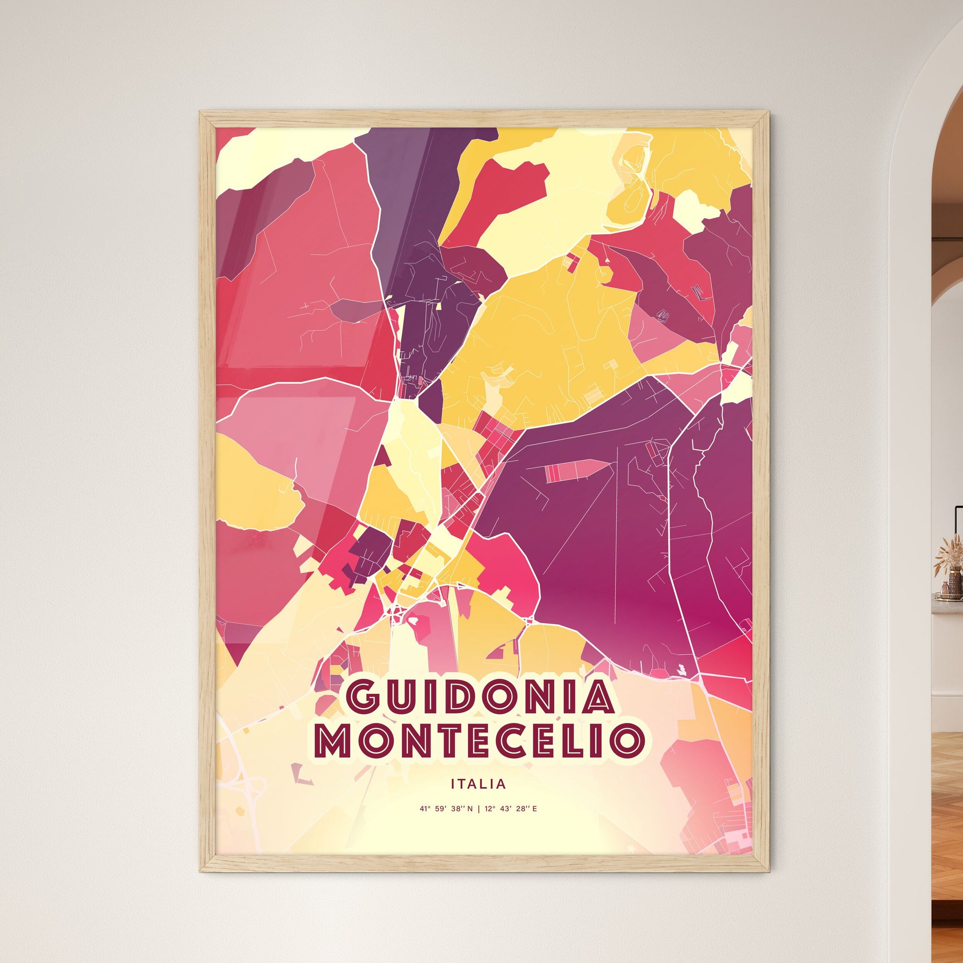 Colorful GUIDONIA MONTECELIO ITALY Fine Art Map Hot Red