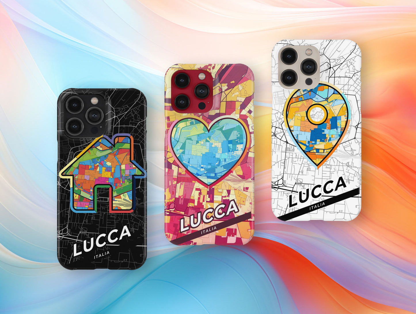 Lucca Italy slim phone case with colorful icon. Birthday, wedding or housewarming gift. Couple match cases.