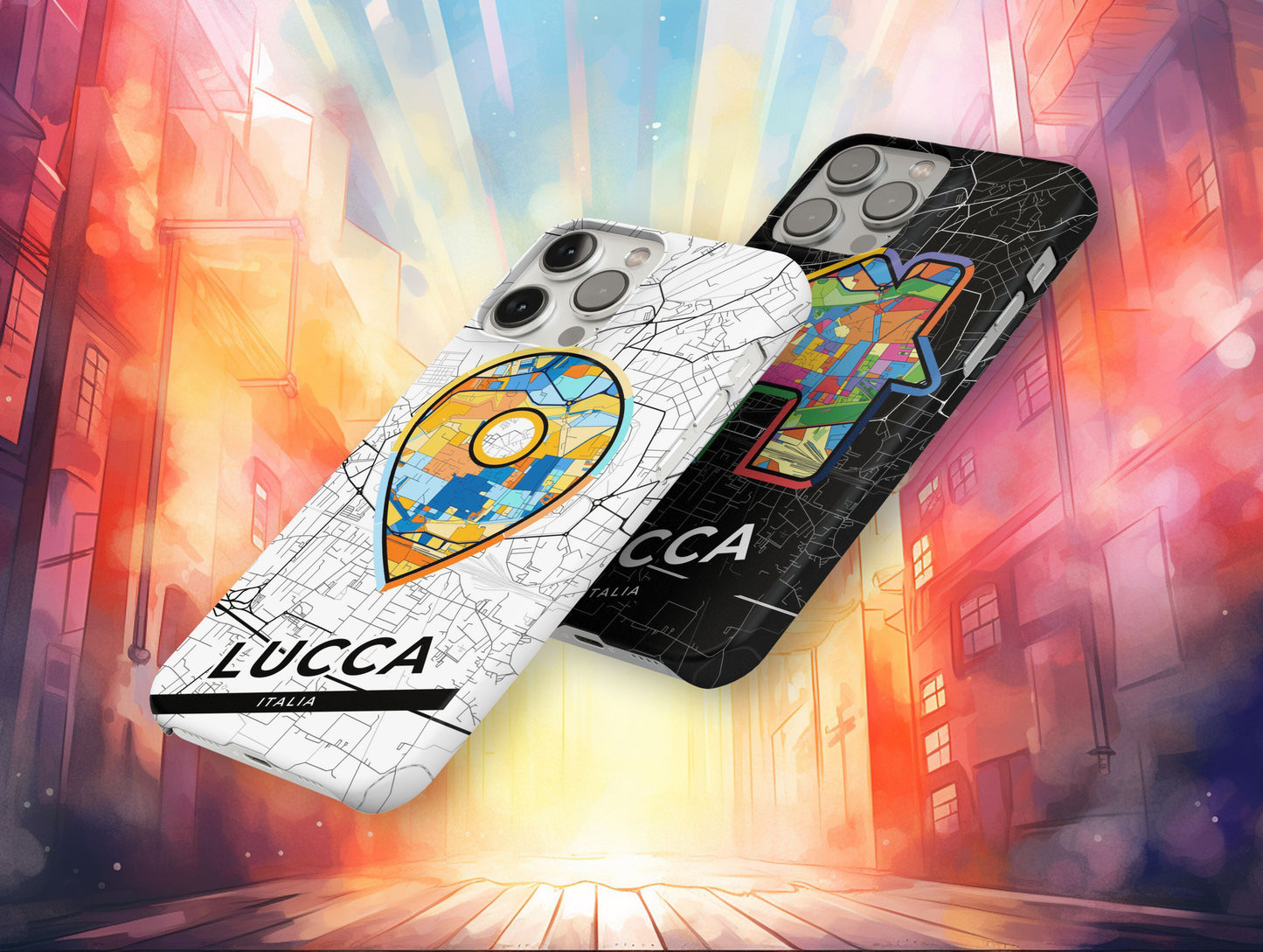 Lucca Italy slim phone case with colorful icon. Birthday, wedding or housewarming gift. Couple match cases.