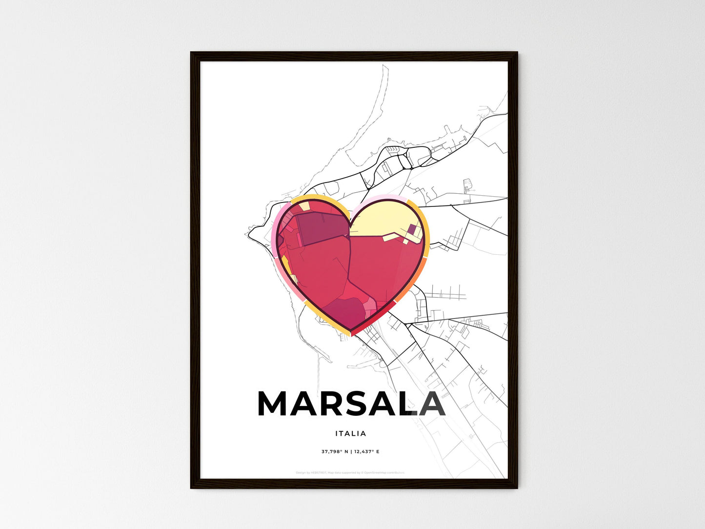 Marsala Italy wedding art map with heart icon