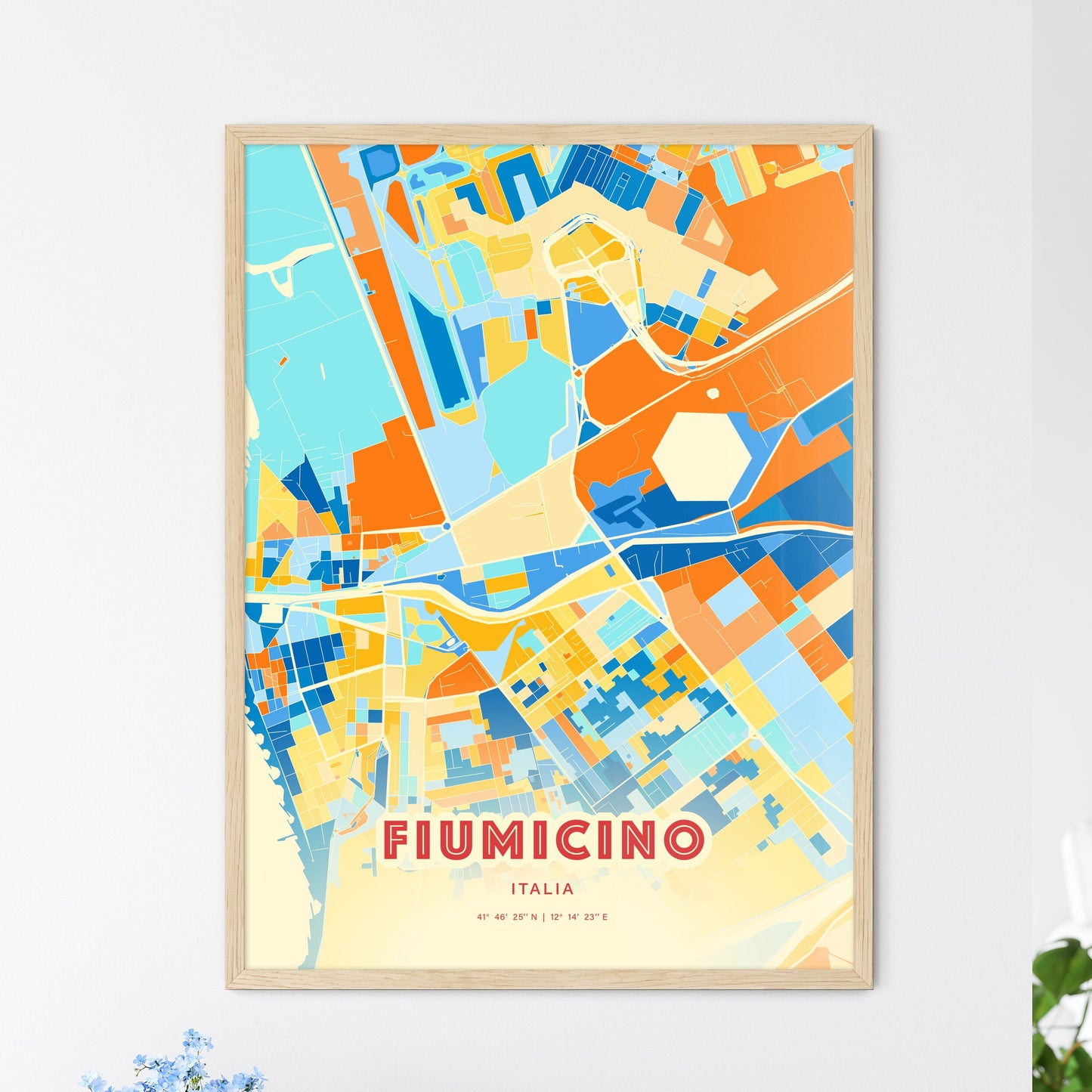 Colorful Fiumicino Italy Fine Art Map Blue Orange