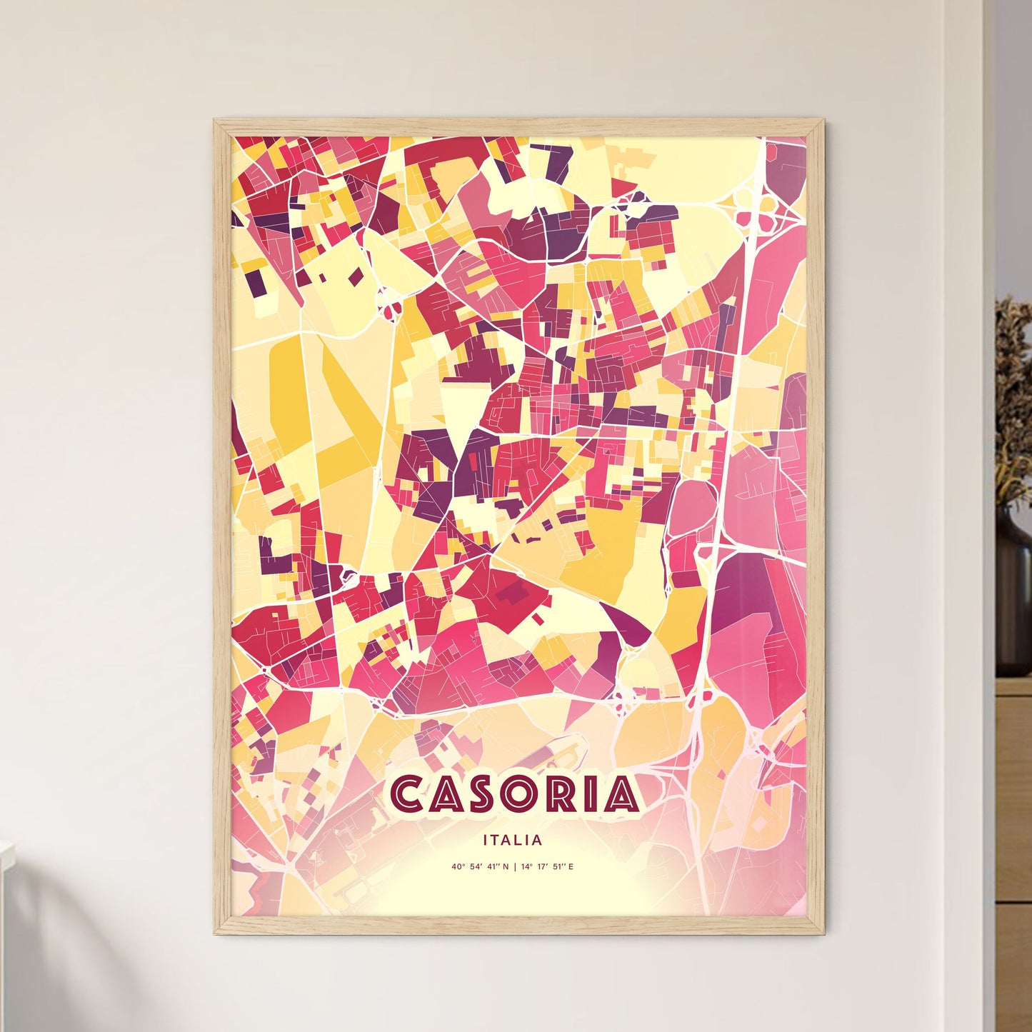 Colorful CASORIA ITALY Fine Art Map Hot Red