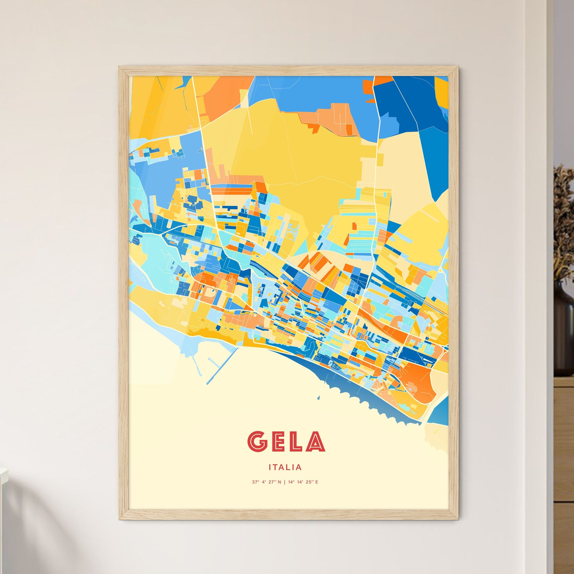 Colorful Gela Italy Fine Art Map Blue Orange