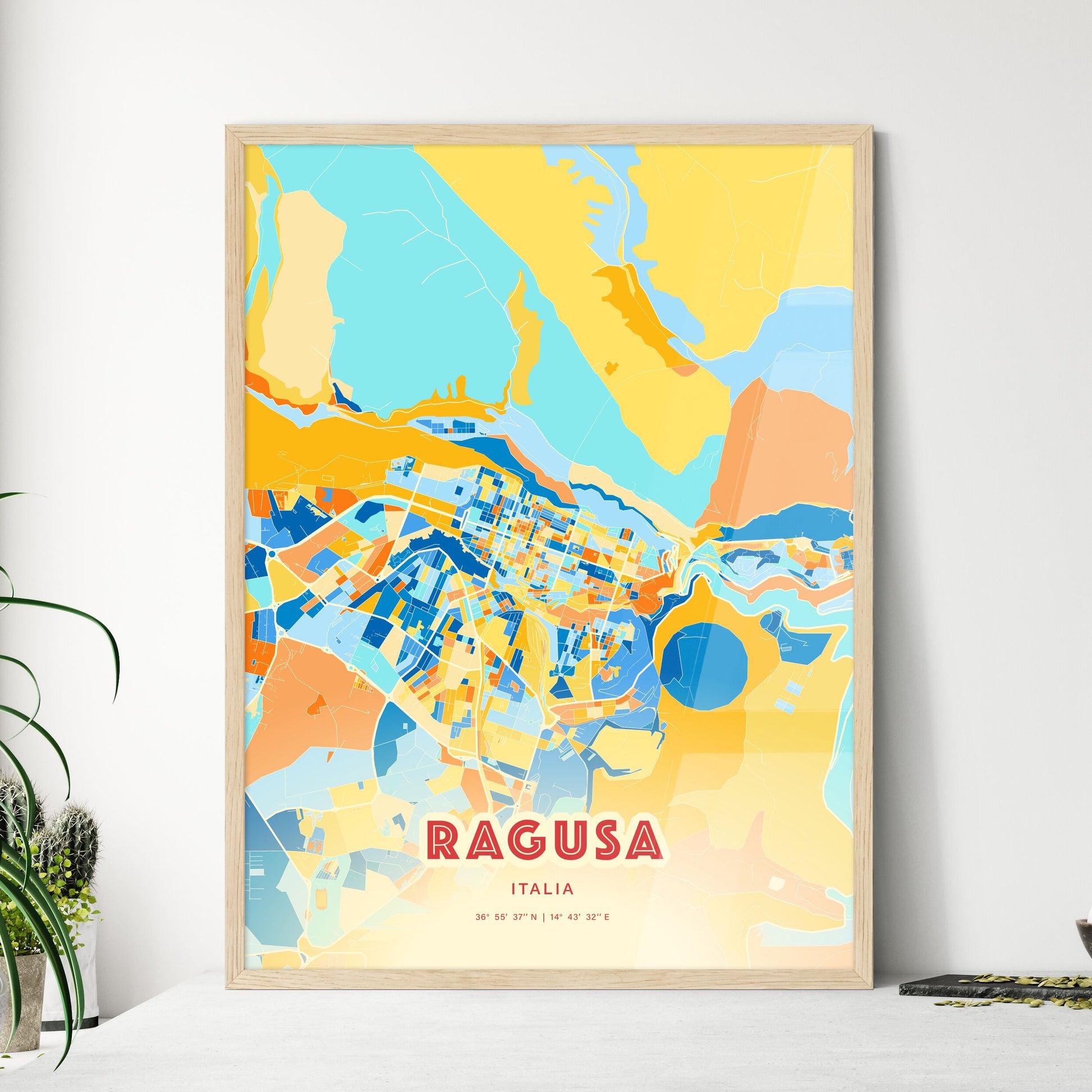 Colorful Ragusa Italy Fine Art Map Blue Orange