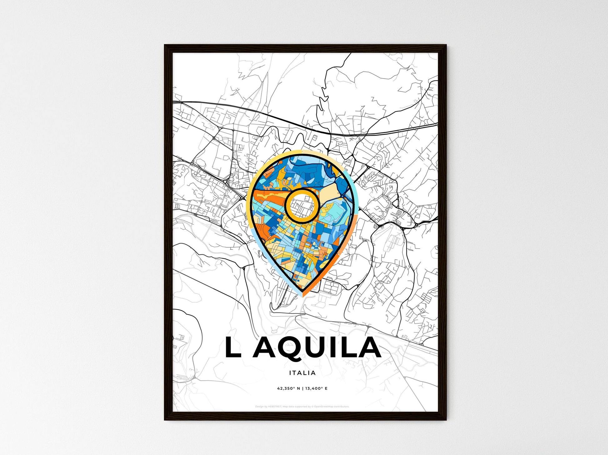 L Aquila Italy wedding art map with pointer icon