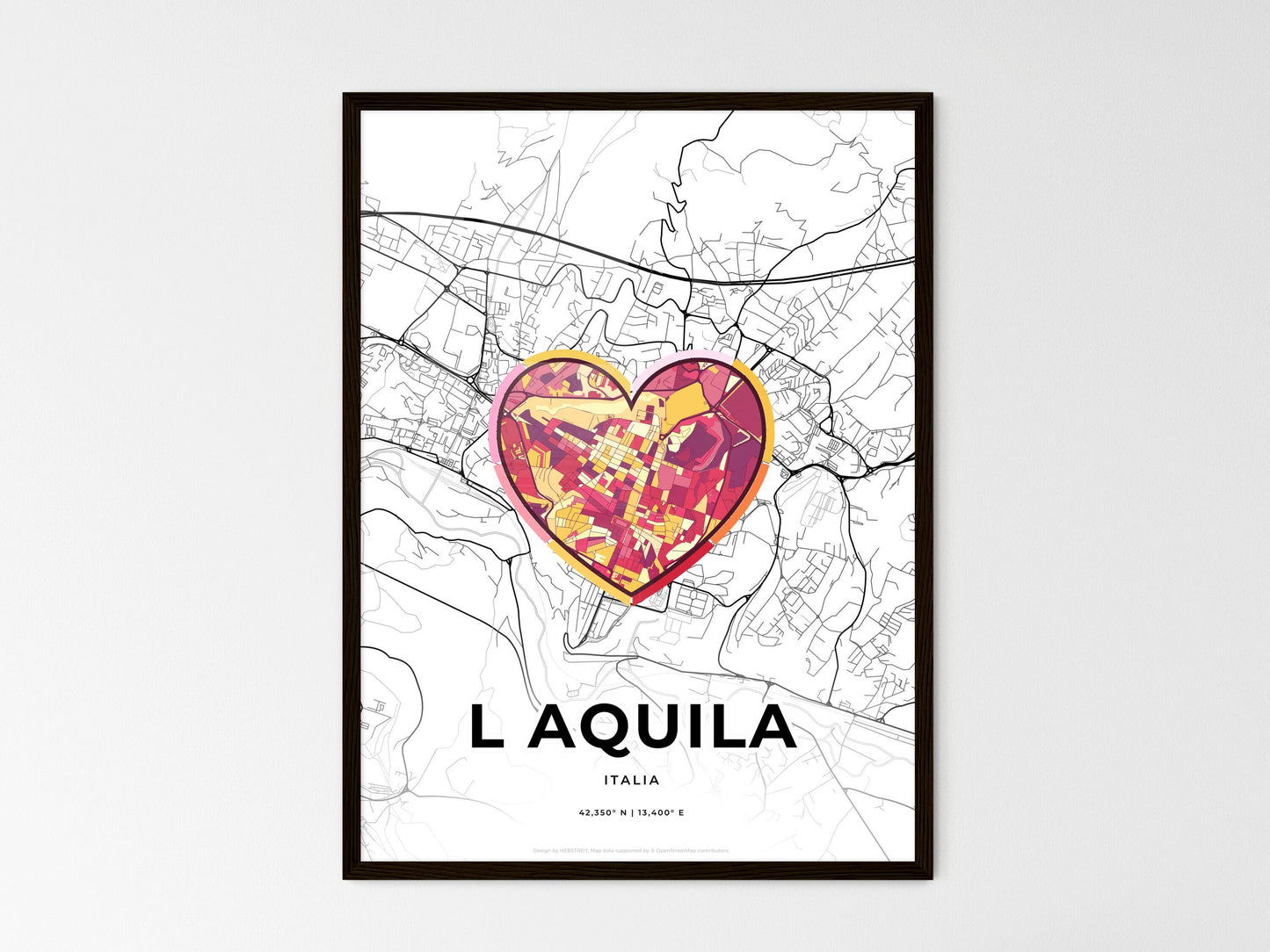 L Aquila Italy wedding art map with heart icon