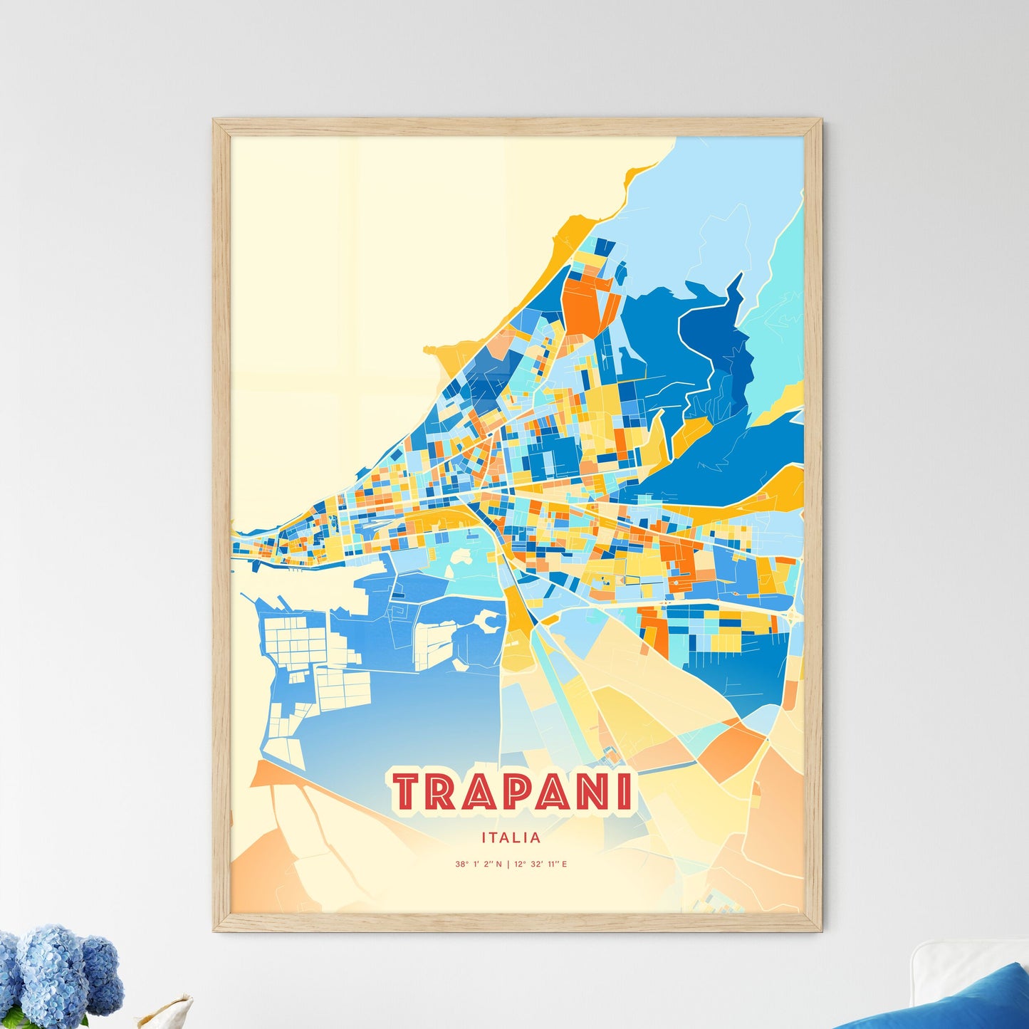 Colorful Trapani Italy Fine Art Map Blue Orange