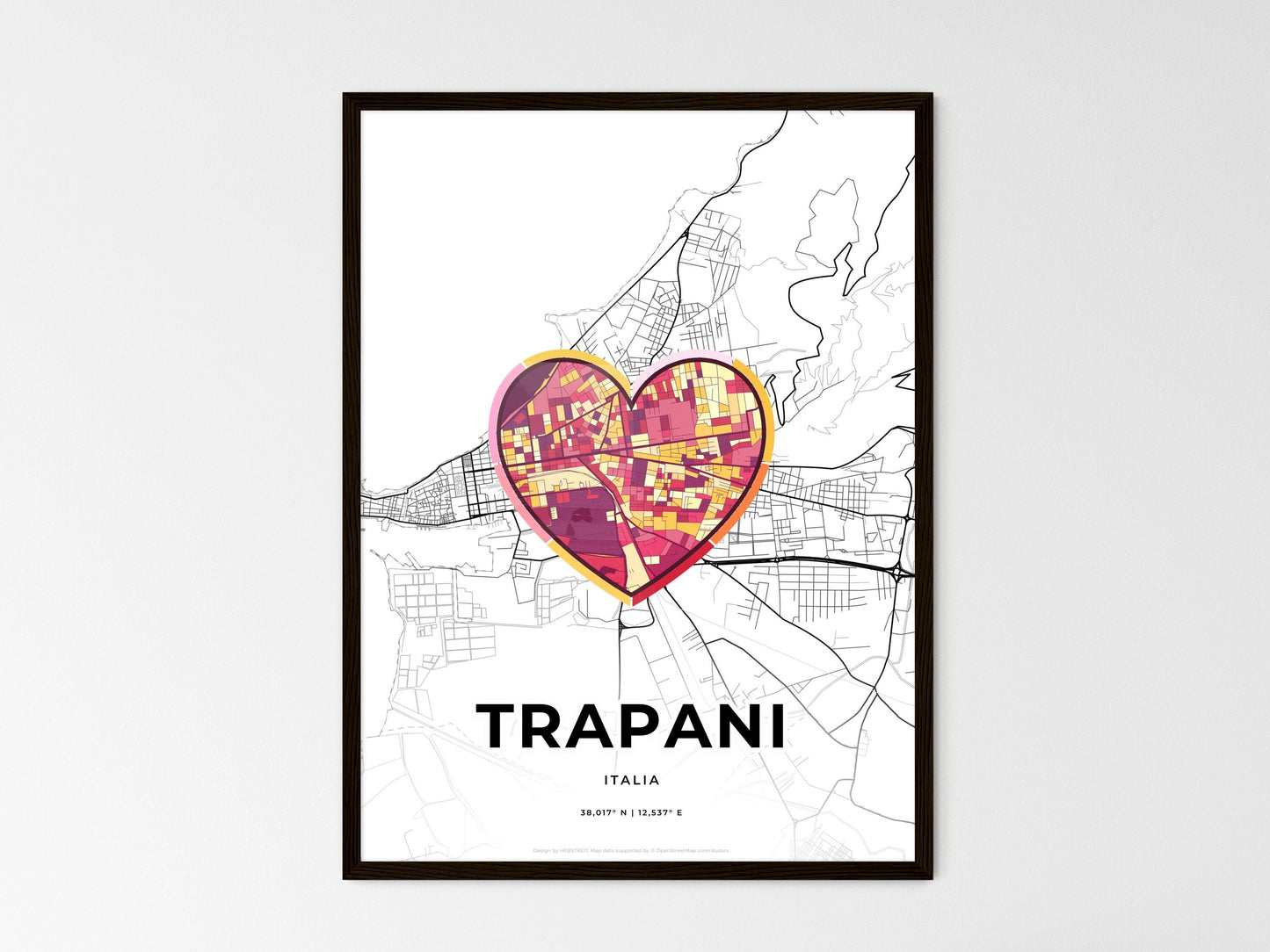 Trapani Italy wedding art map with heart icon