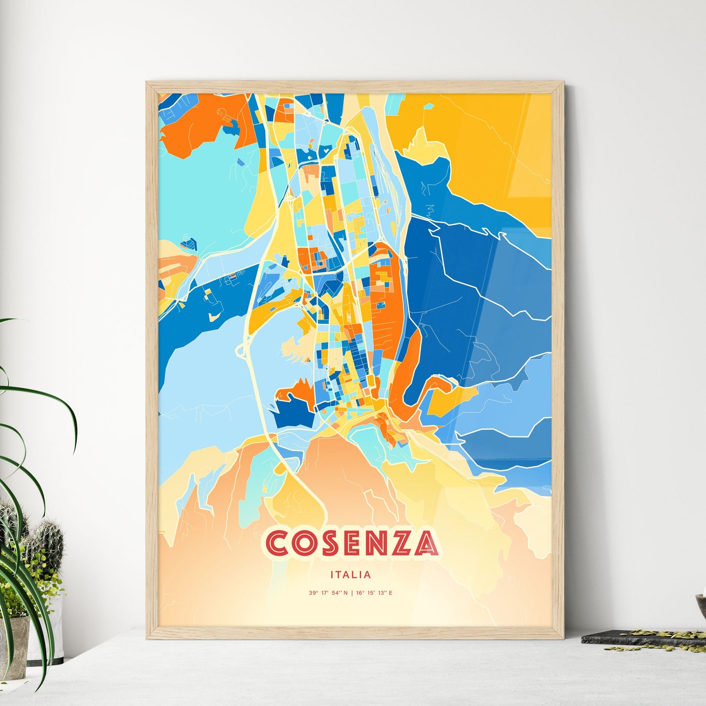 Colorful COSENZA ITALY Fine Art Map Blue Orange