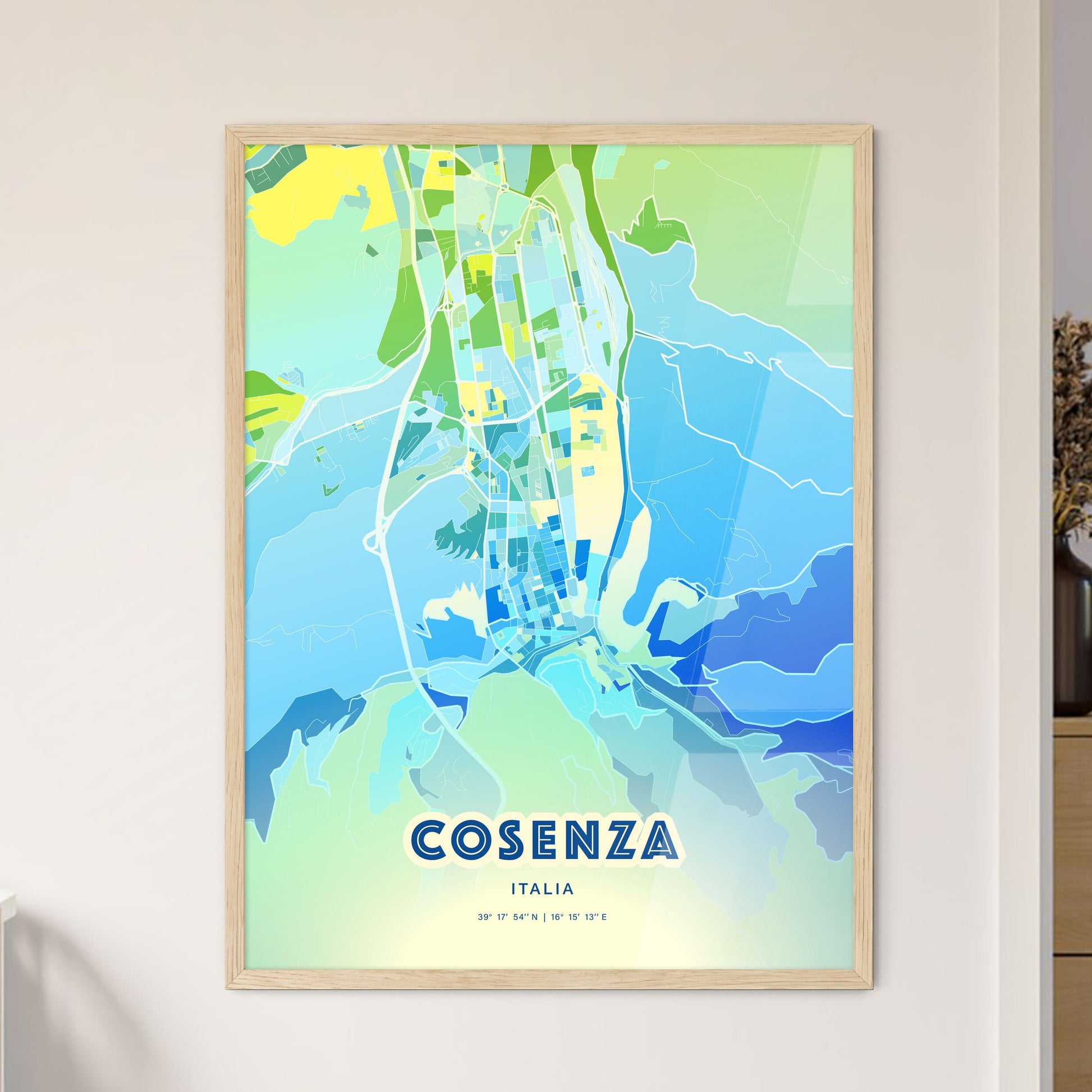 Colorful COSENZA ITALY Fine Art Map Cool Blue