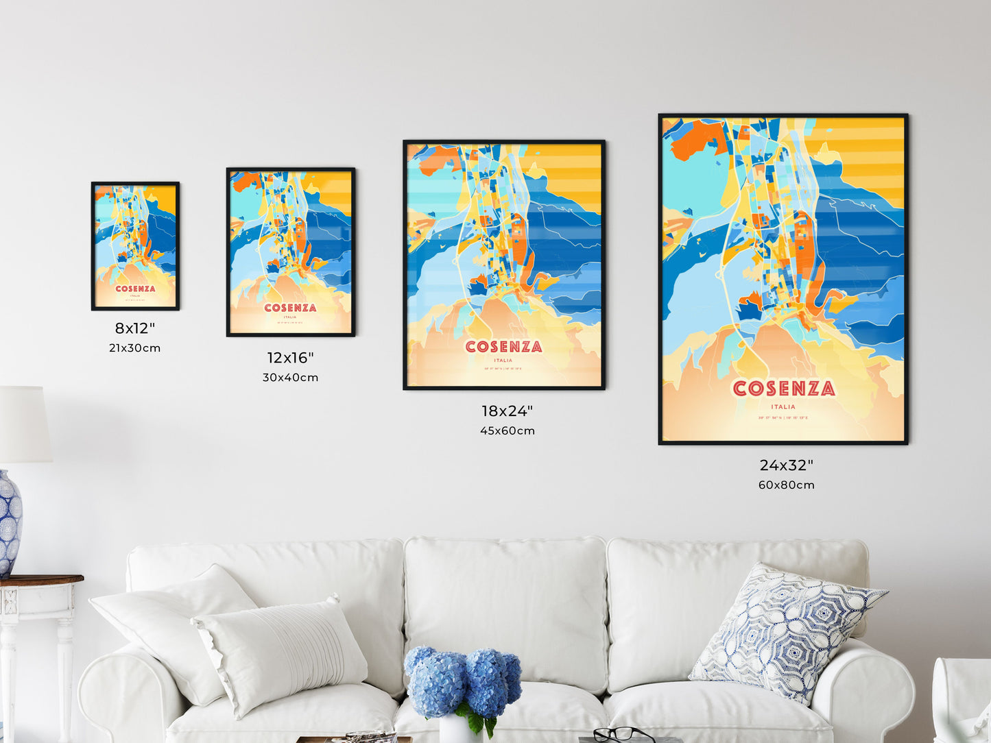 Colorful COSENZA ITALY Fine Art Map Blue Orange