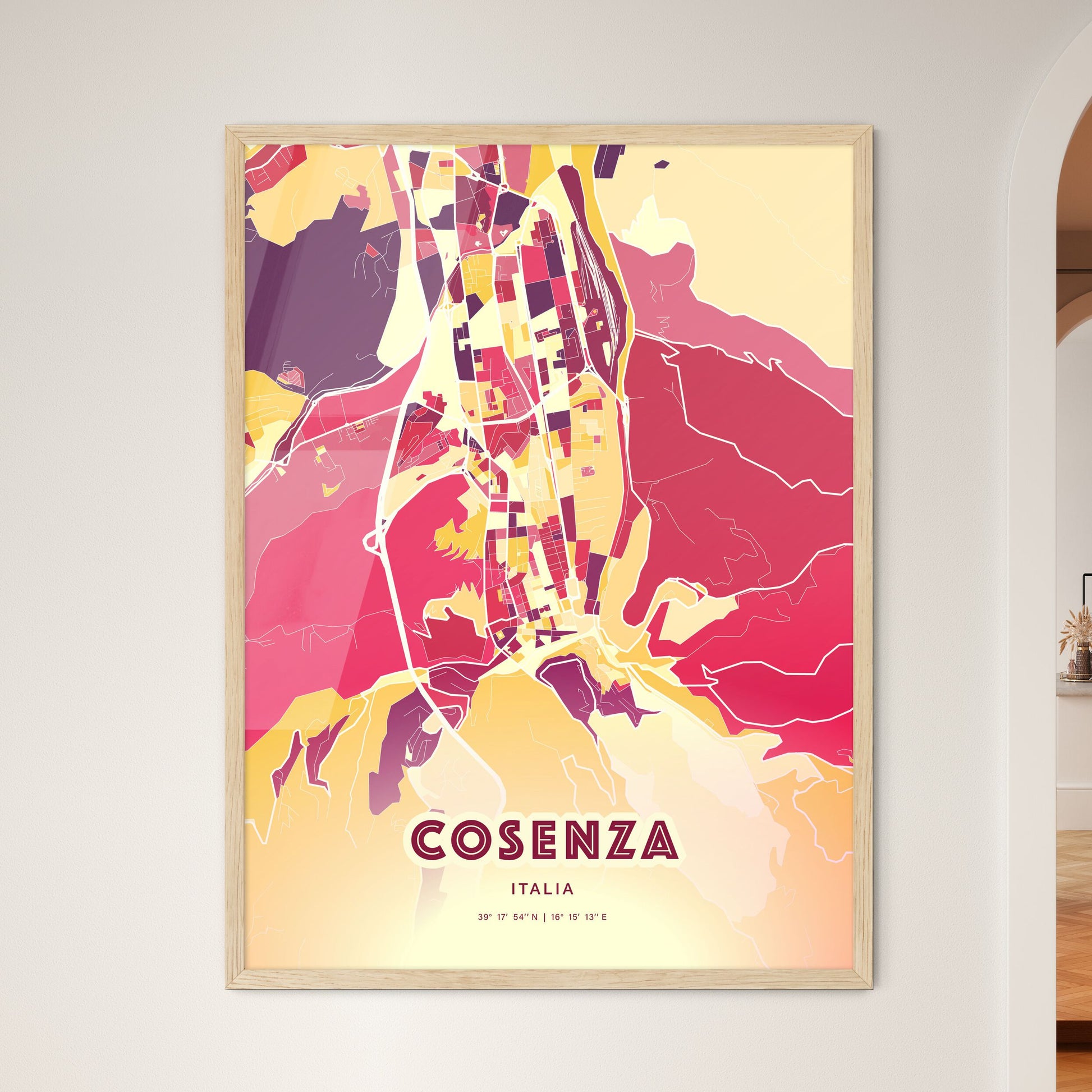 Colorful COSENZA ITALY Fine Art Map Hot Red