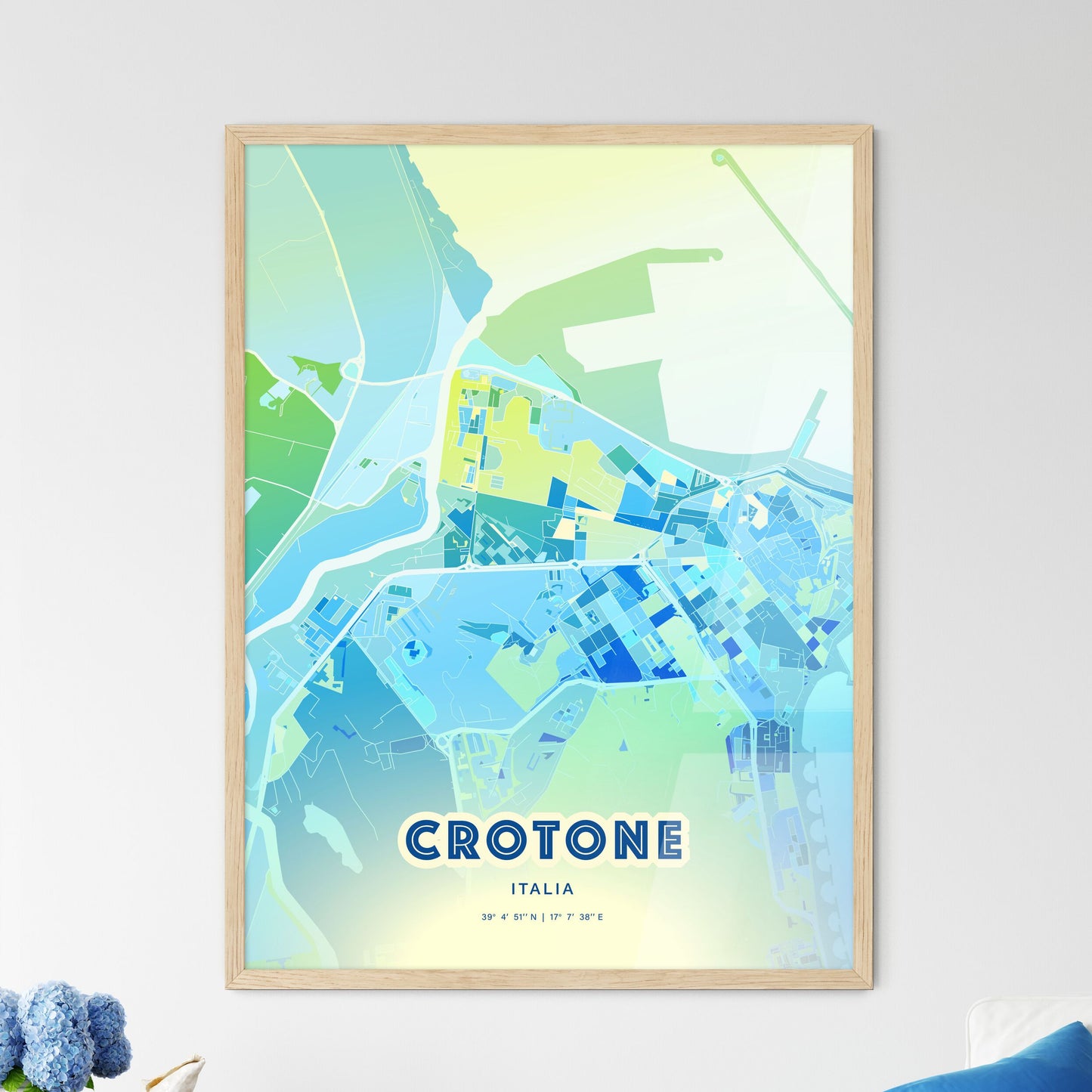 Colorful CROTONE ITALY Fine Art Map Cool Blue