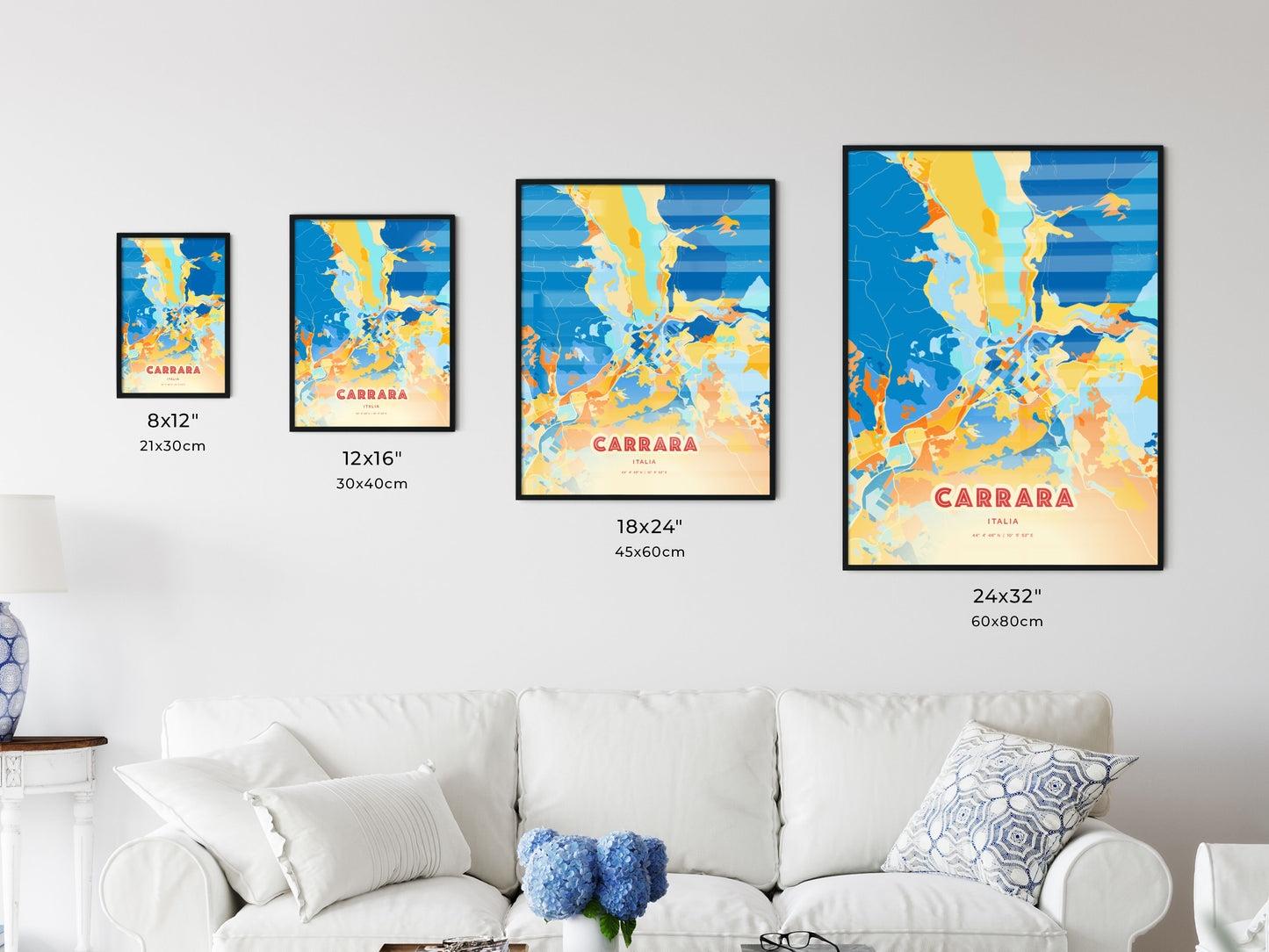 Colorful CARRARA ITALY Fine Art Map Blue Orange