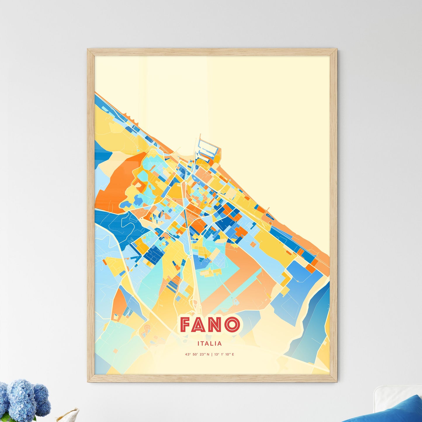 Colorful Fano Italy Fine Art Map Blue Orange