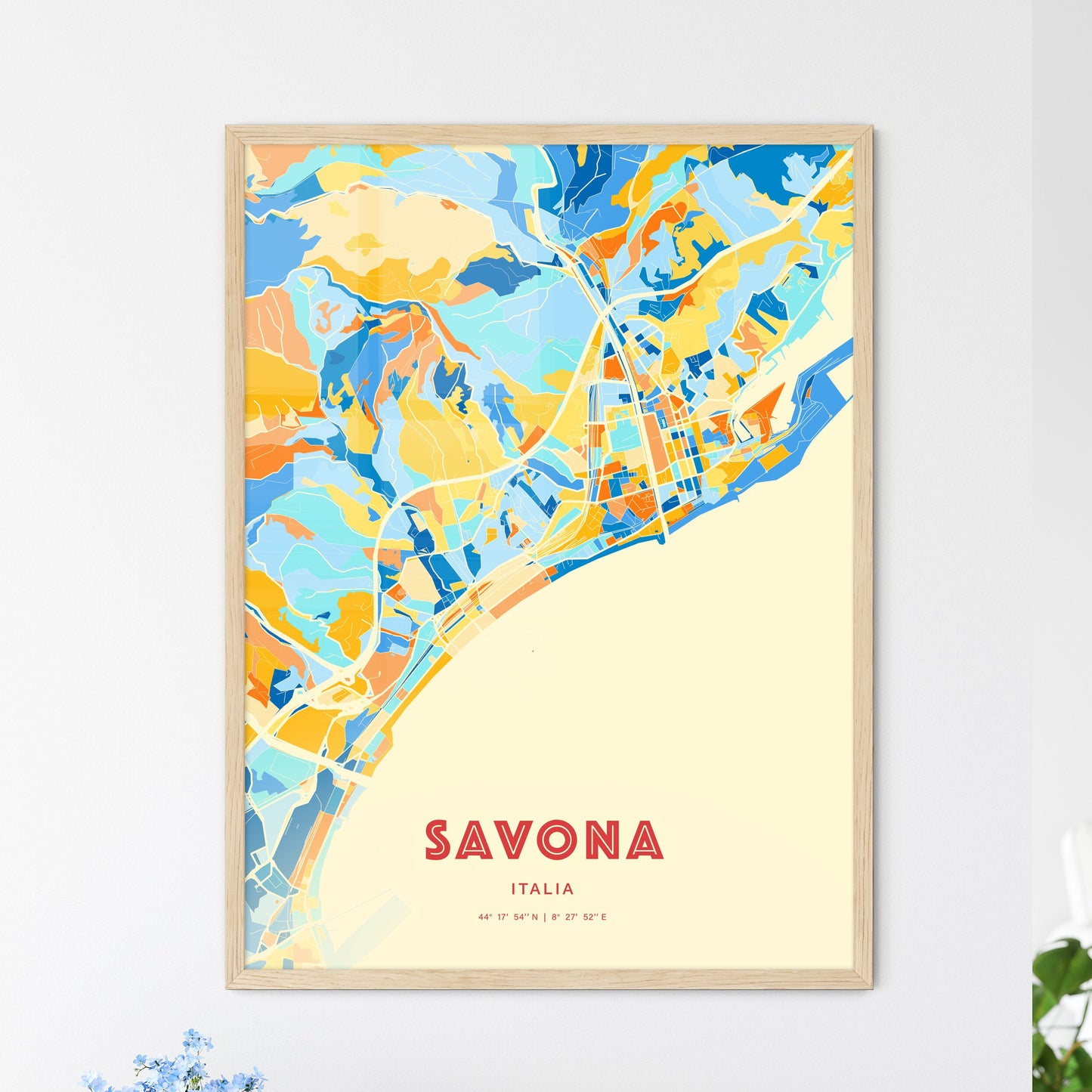 Colorful SAVONA ITALY Fine Art Map Blue Orange