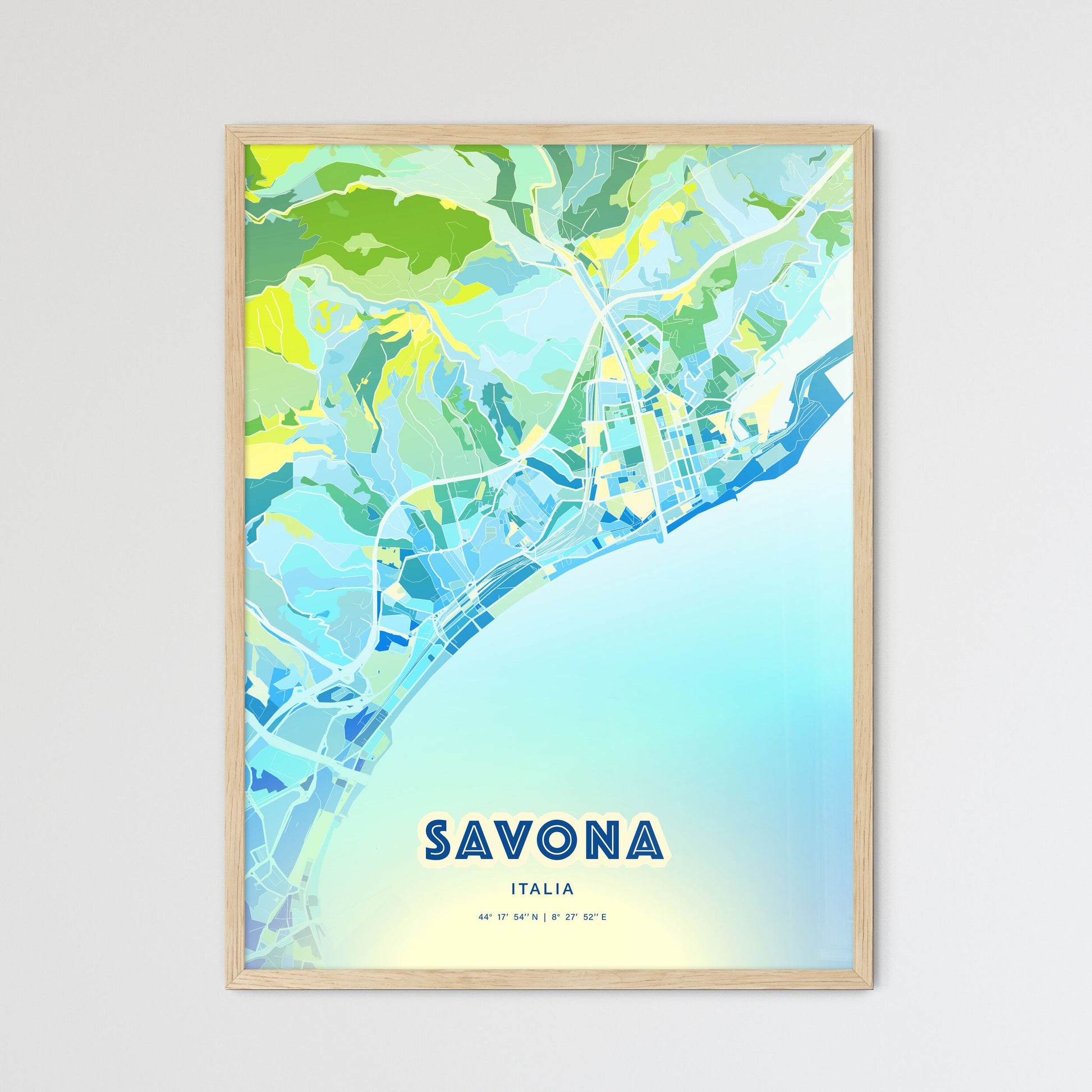 Colorful SAVONA ITALY Fine Art Map Cool Blue