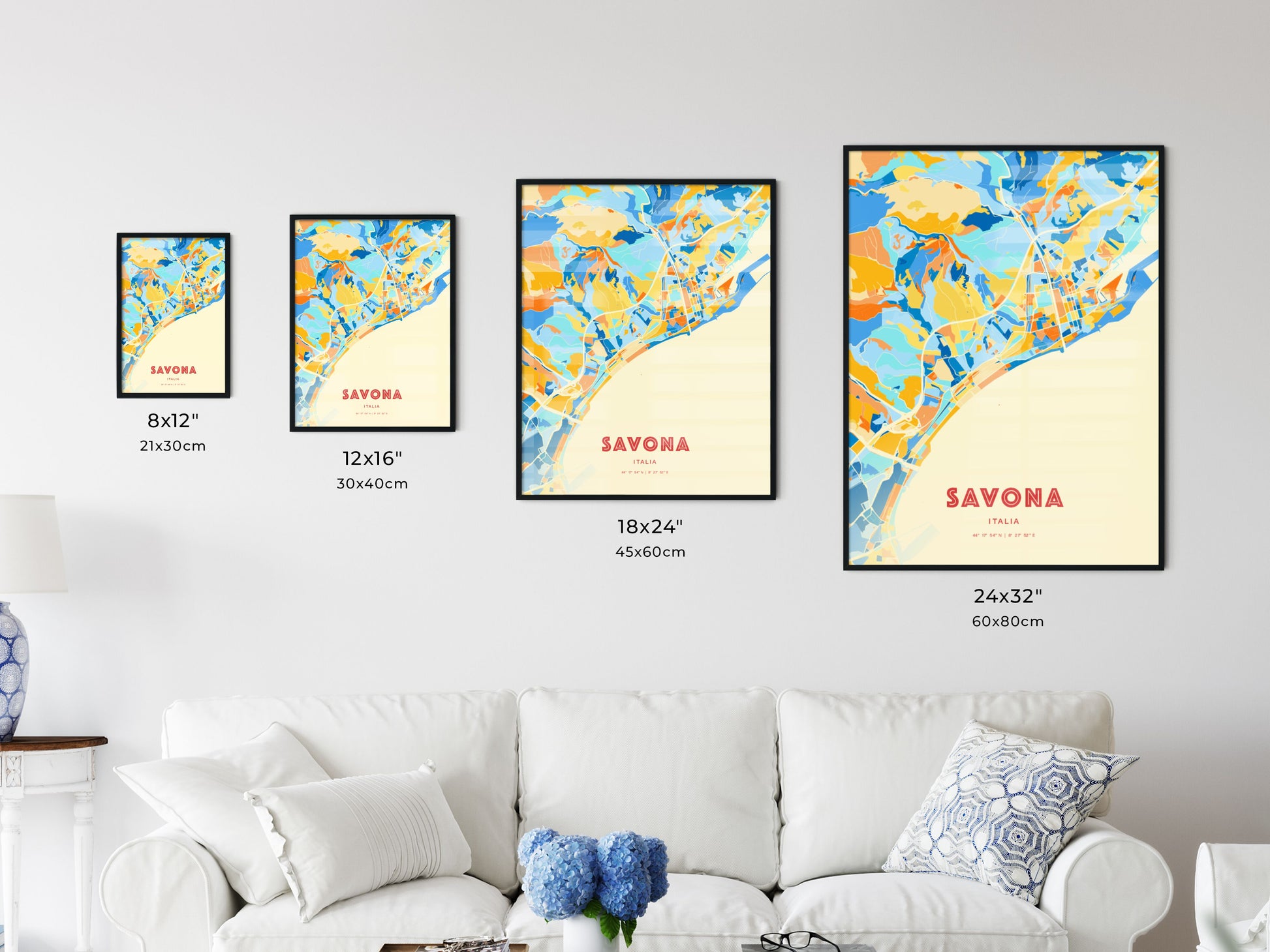 Colorful SAVONA ITALY Fine Art Map Blue Orange