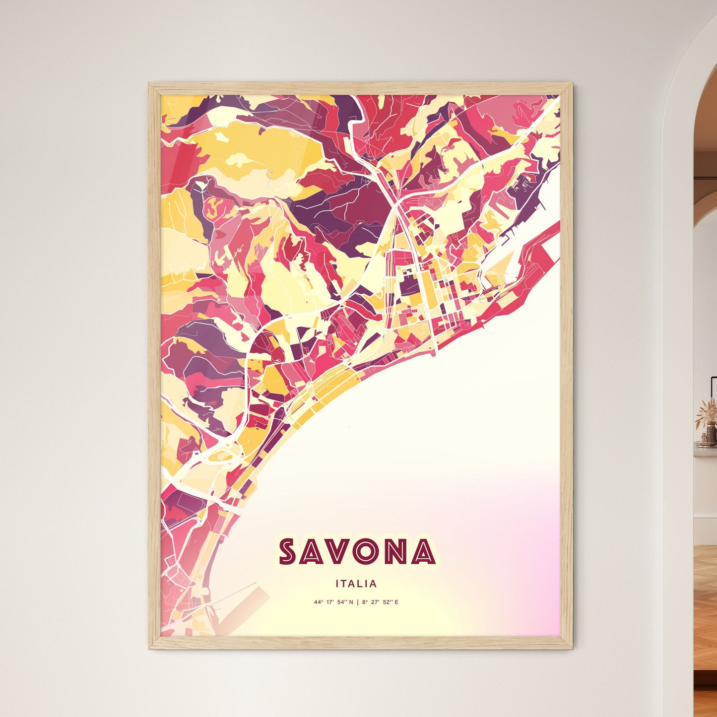 Colorful SAVONA ITALY Fine Art Map Hot Red