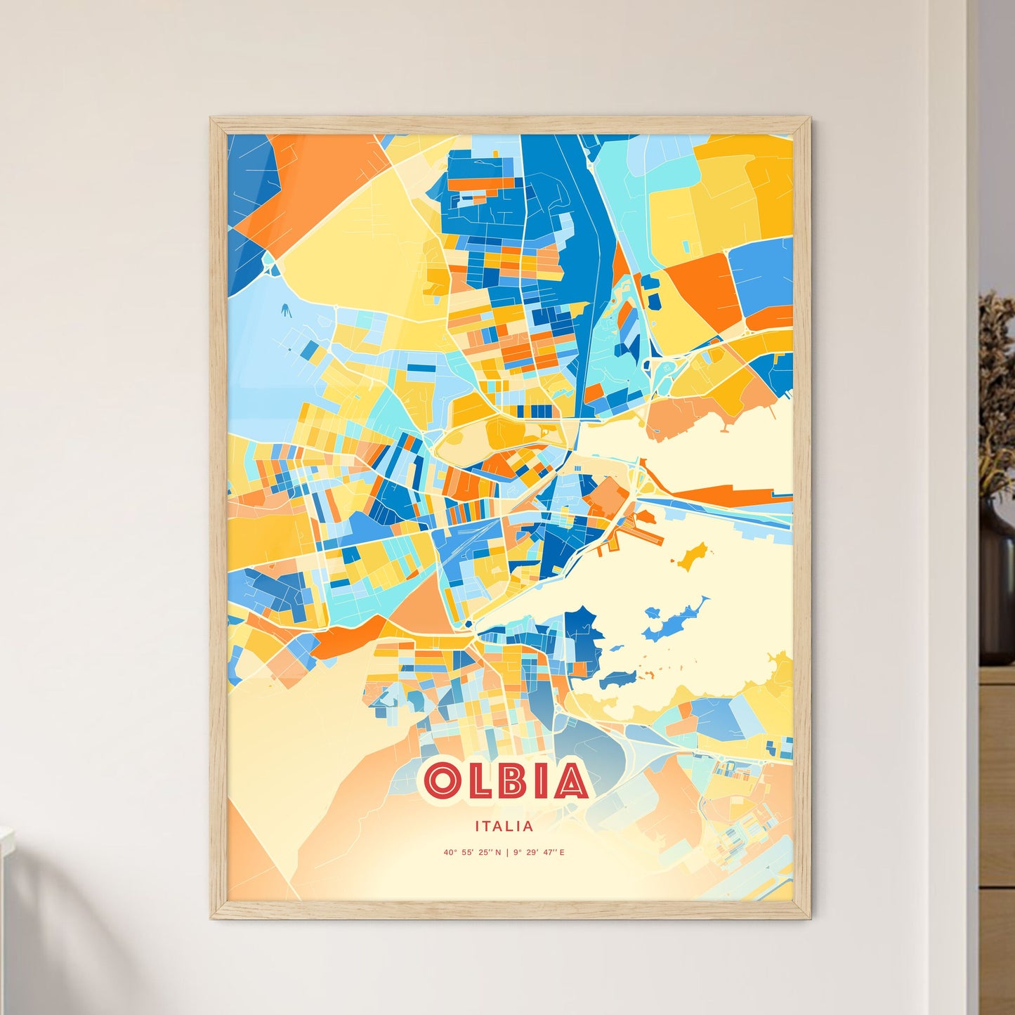 Colorful Olbia Italy Fine Art Map Blue Orange