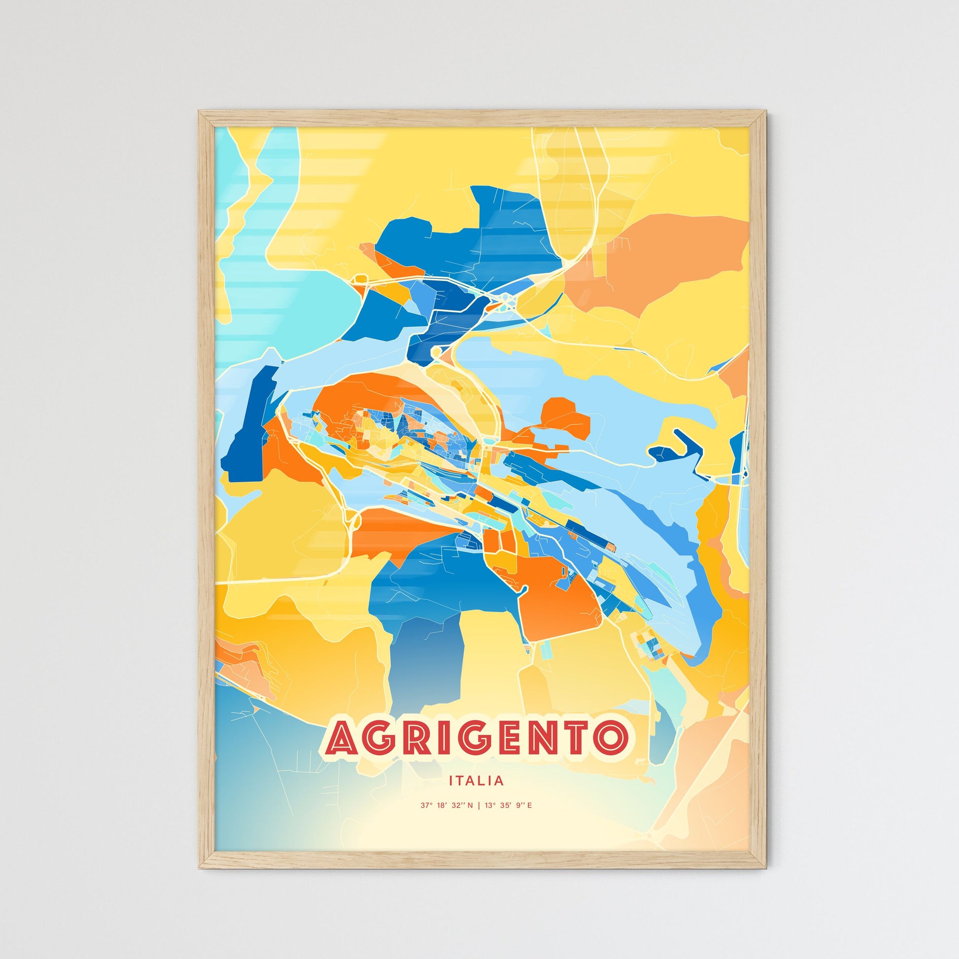 Colorful Agrigento Italy Fine Art Map Blue Orange