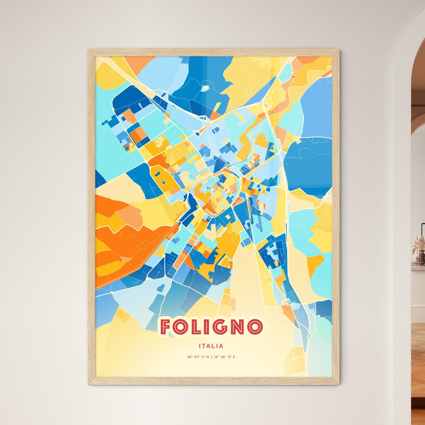 Colorful FOLIGNO ITALY Fine Art Map Blue Orange