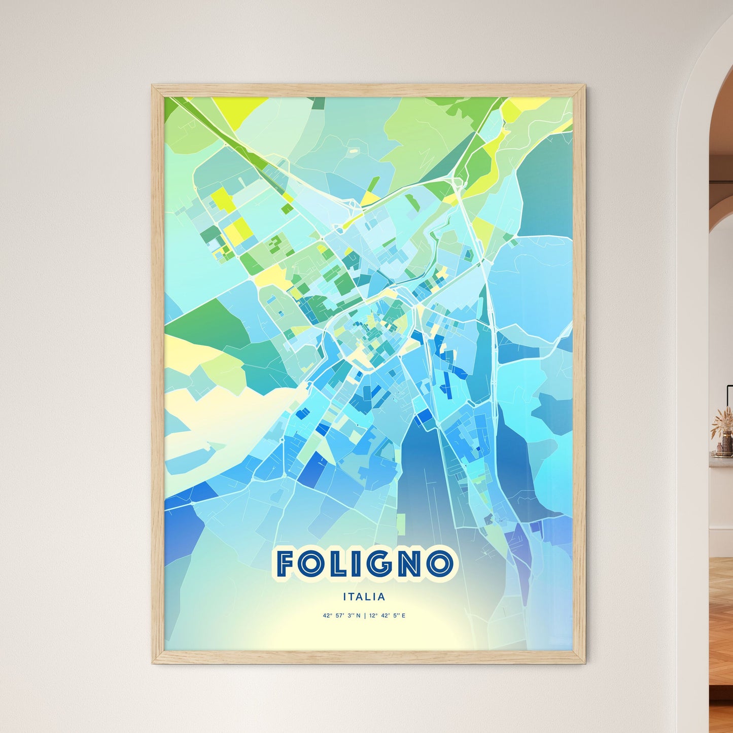 Colorful FOLIGNO ITALY Fine Art Map Cool Blue