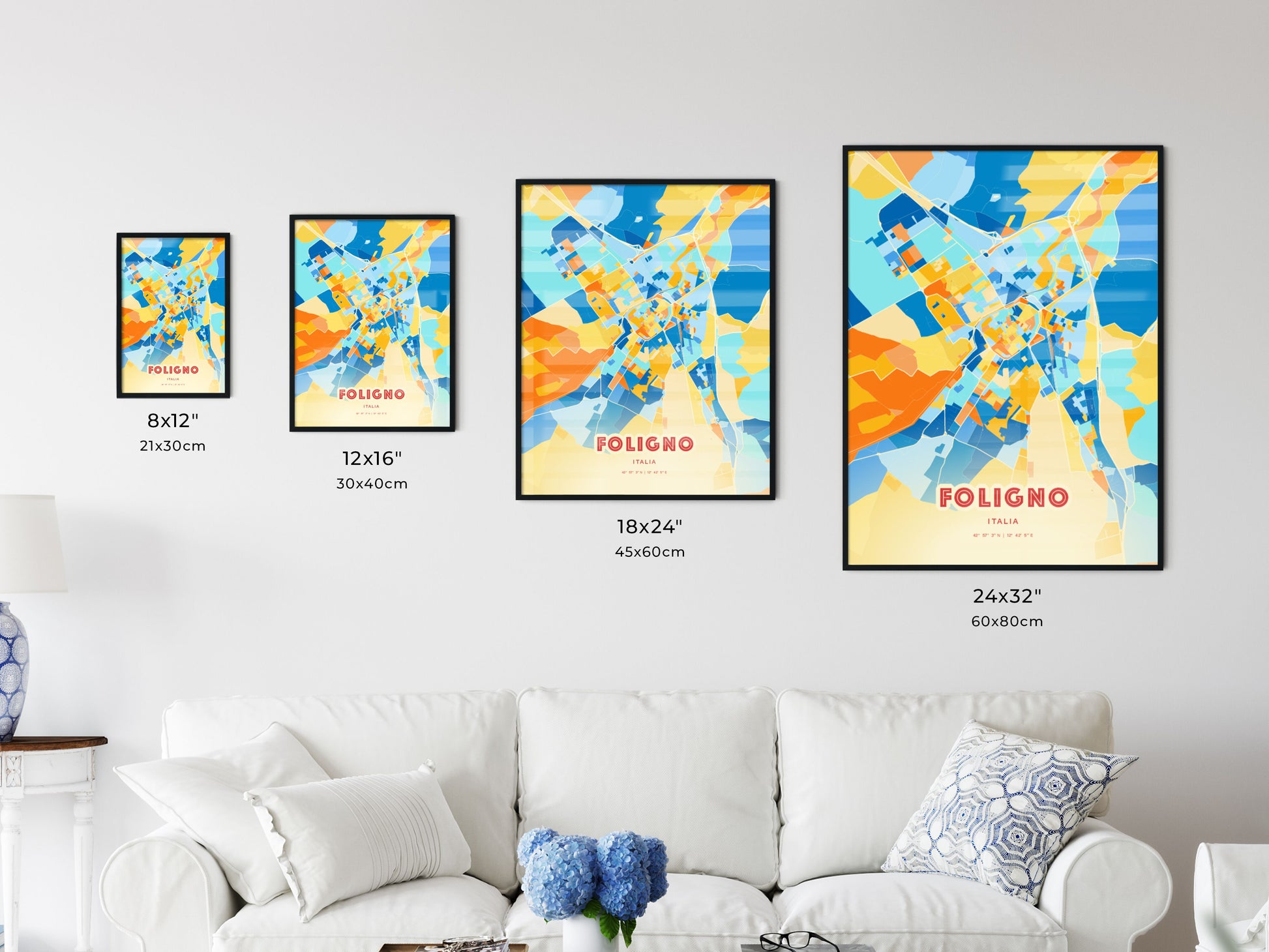 Colorful FOLIGNO ITALY Fine Art Map Blue Orange