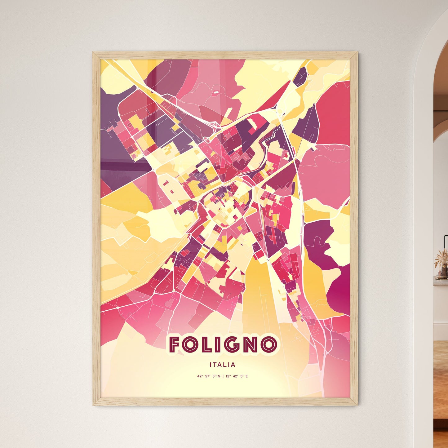 Colorful FOLIGNO ITALY Fine Art Map Hot Red