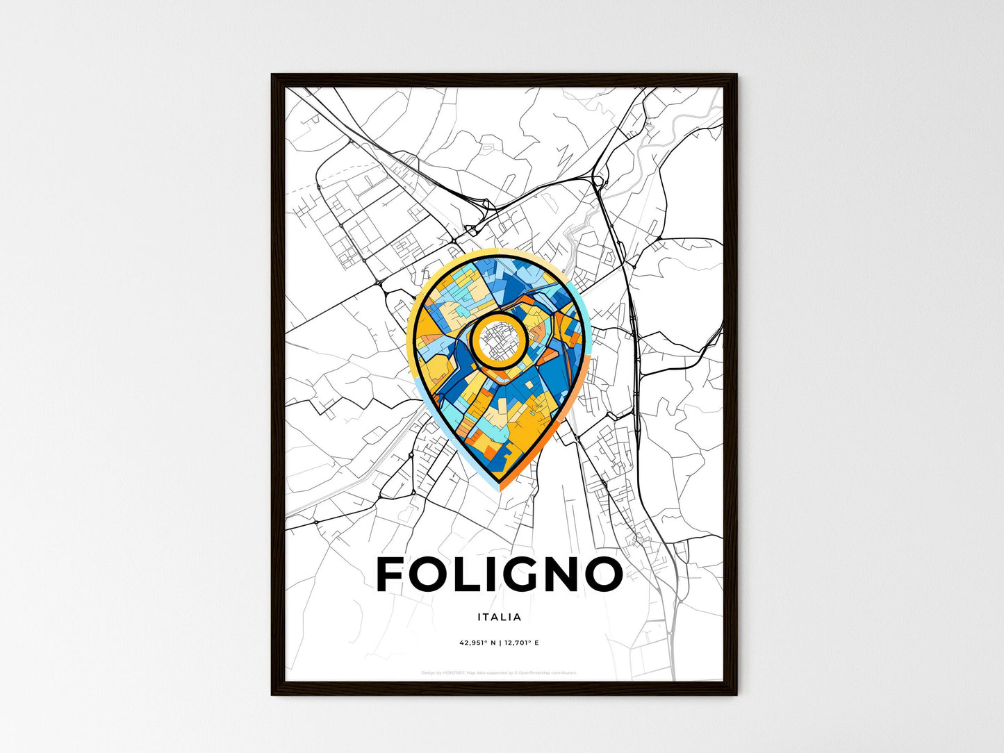 Foligno Italy wedding art map with pointer icon